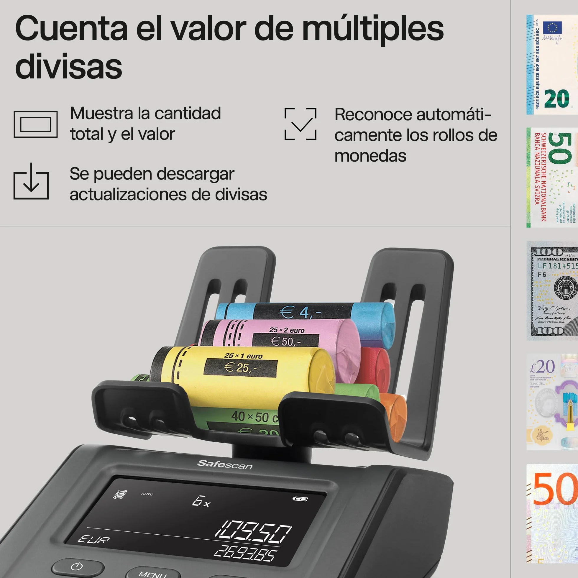Safescan 6175 Máquina para contar dinero cuenta monedas billetes vales fichas reconocimiento automático rollos balanza dinero