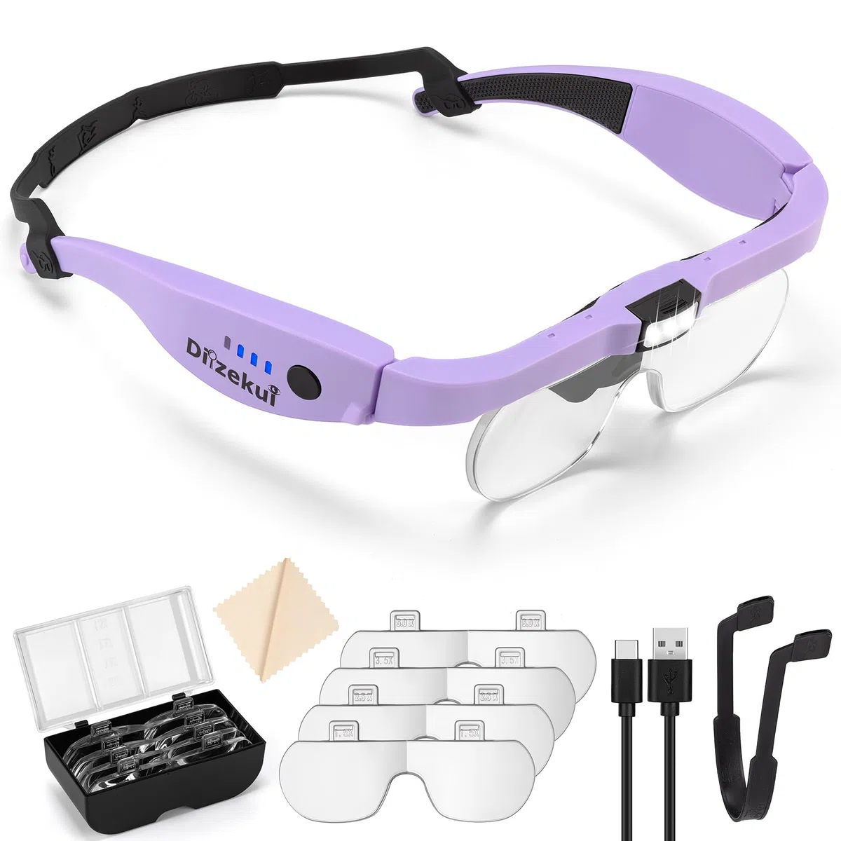 Dilzekui Lupa con luz de 1.5X a 5.0X, lupa recargable, lupa iluminada con 4 lentes desmontables, lupa para trabajo cercano, joyería de lectura