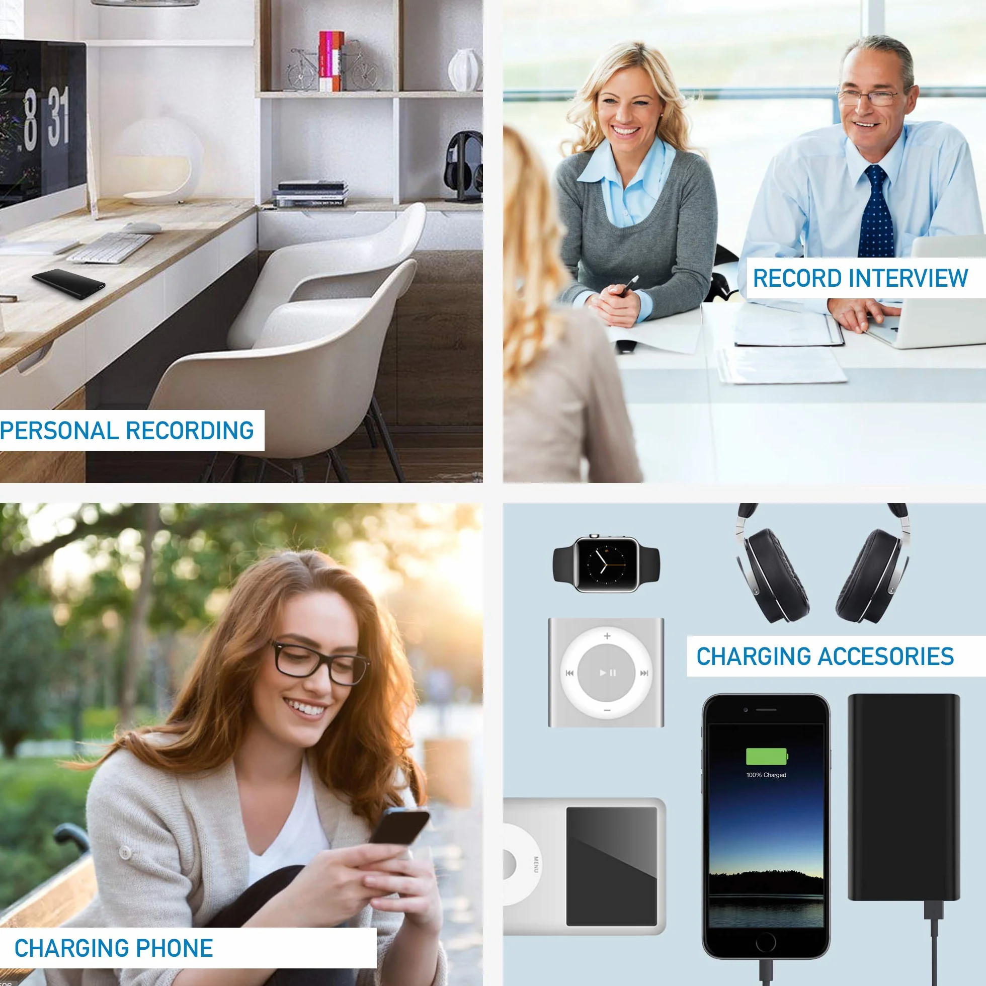 64GB Grabadora Profesional - Activación por Voz - Tiempo de Funcionamiento de 18 días - Grosor de 11 mm - Función de Cargador de teléfono con Banco de energía - PoweREC de Atto Digital
