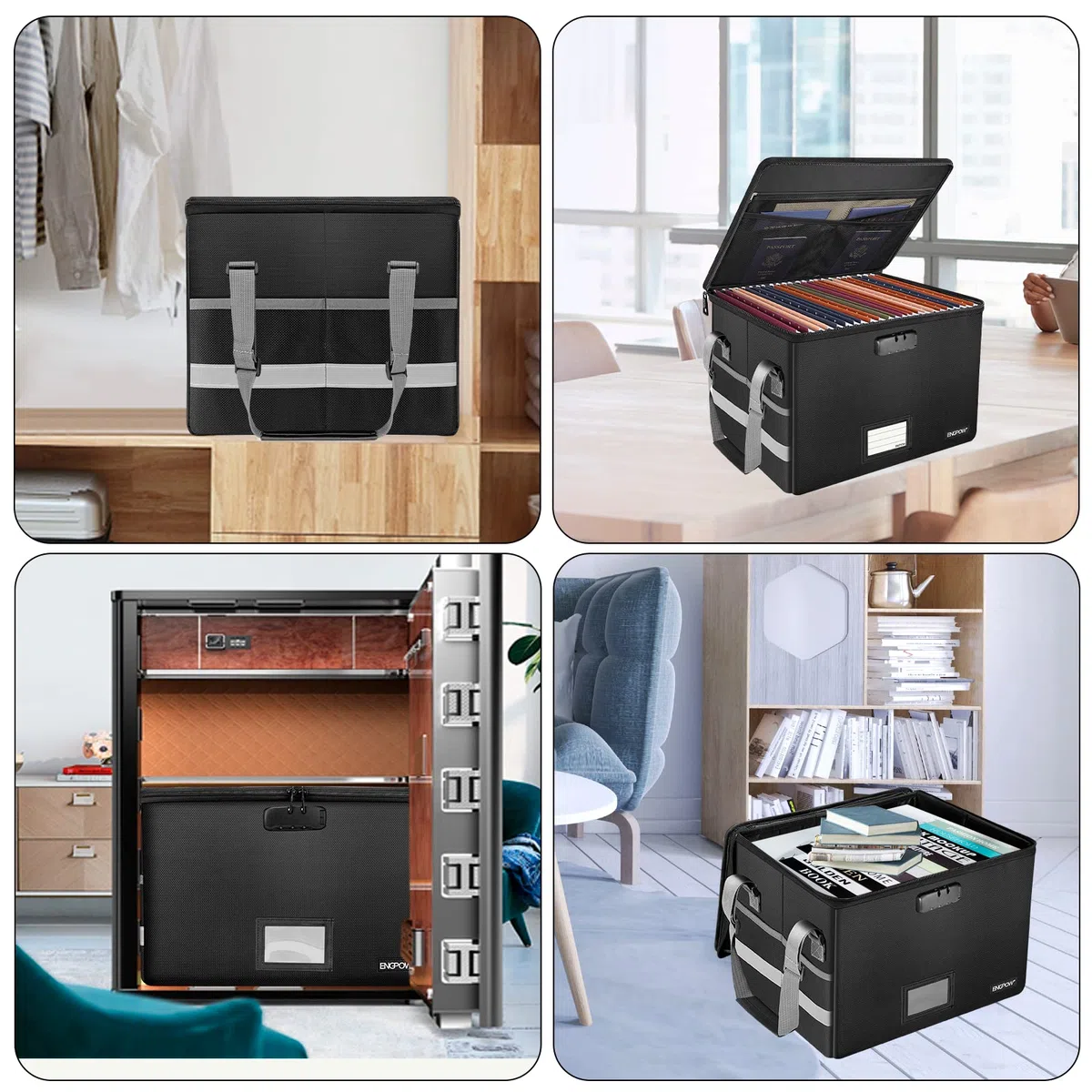 ENGPOW Caja de archivos con cerradura, organizador de almacenamiento de archivos, caja antiestática, caja de documentos plegable ignífuga con asa, caja de seguridad portátil para colgar cartas o