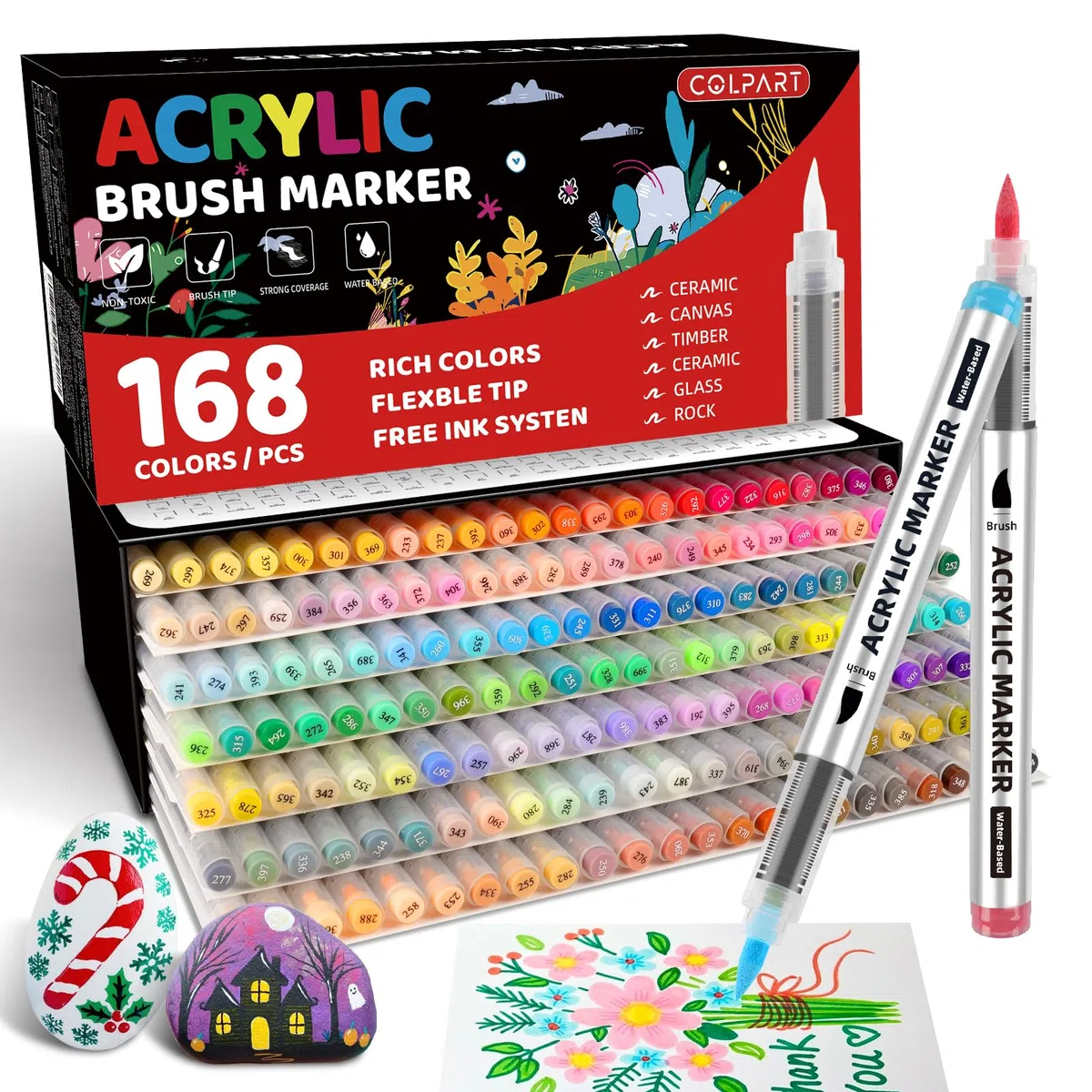 colpart Bolígrafos acrílicos para piedras resistentes al agua, 168 colores, para pintar piedras de doble extremo, acrílico de doble extremo, rotulador permanente para plástico, vidrio, madera