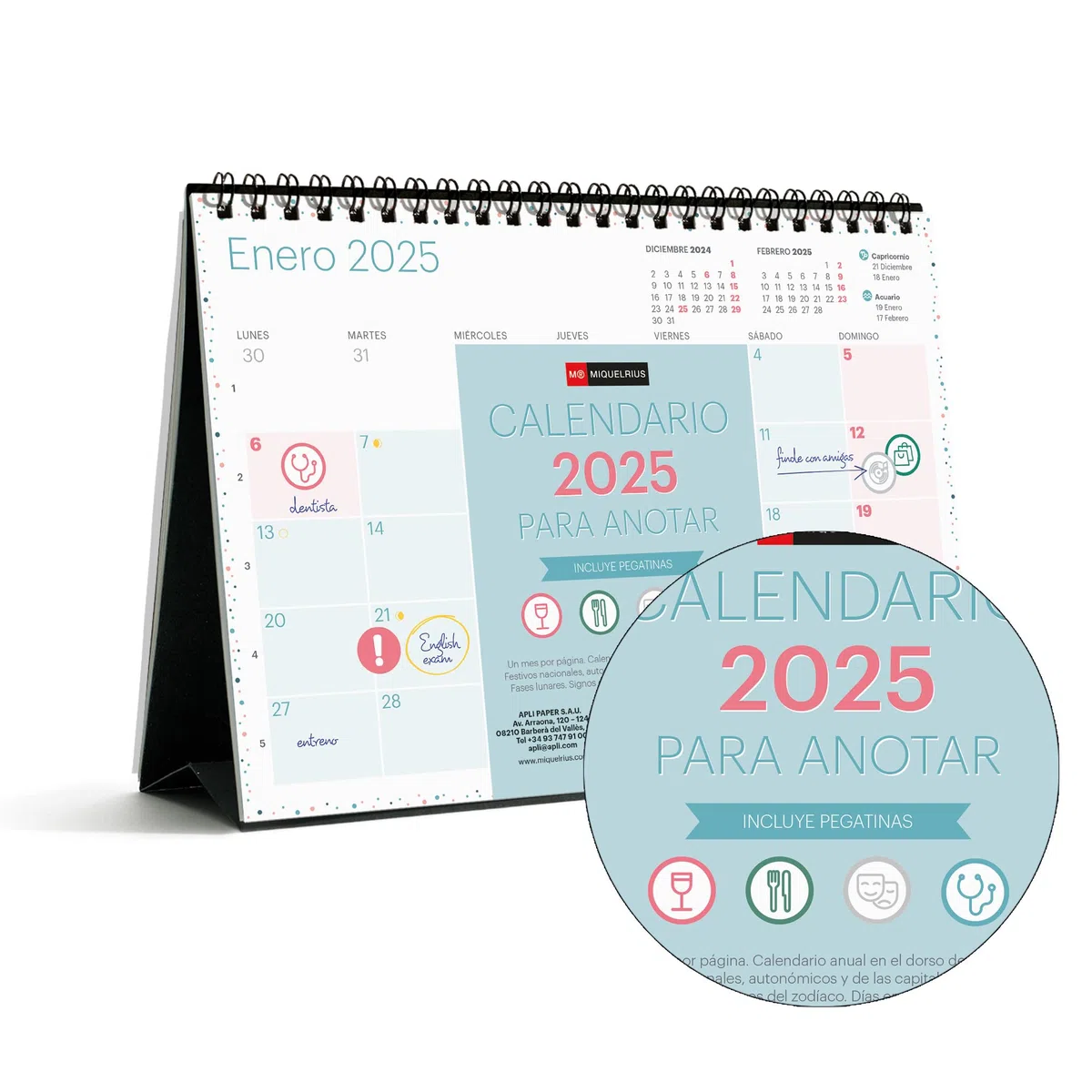 Miquelrius Calendario de Sobremesa 2025 A5 210 x 148,5 mm Espiral doble Español Adhesivos Colores pastel
