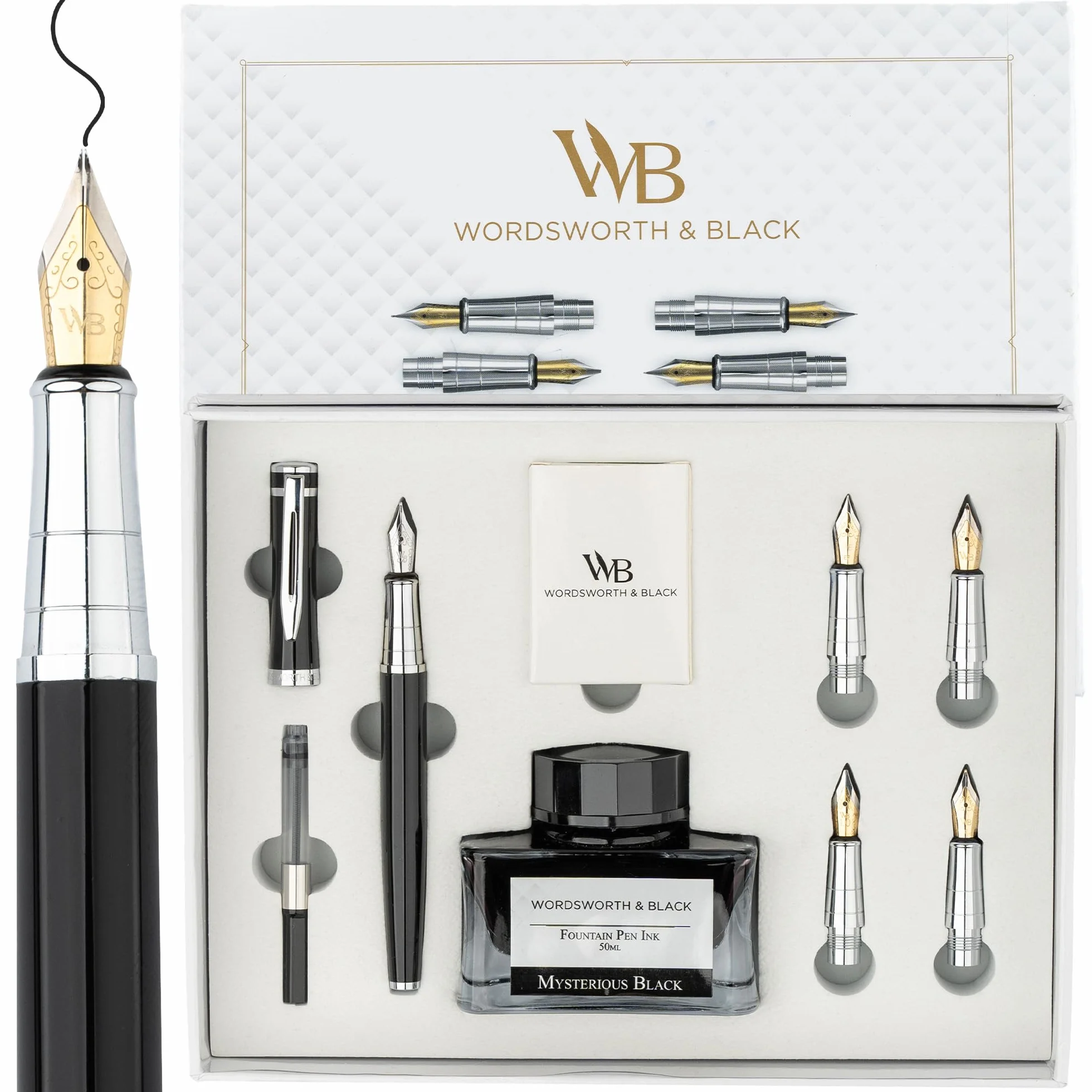 Wordsworth & Black Juego de regalo de pluma estilográfica, incluye botella de tinta y 6 cartuchos, 1 convertidor, 4 puntas de repuesto, paquete premium, diario, caligrafía