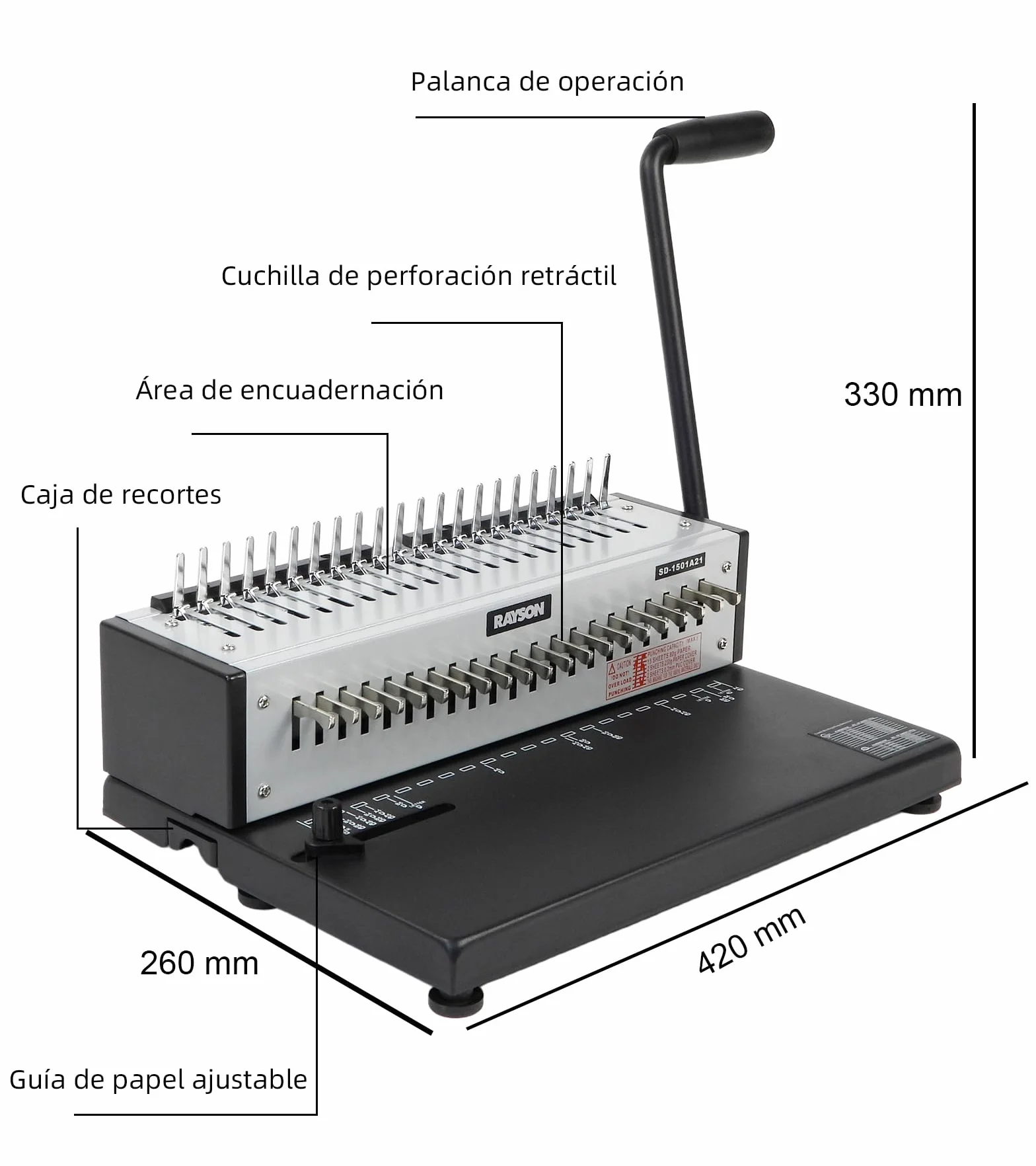 RAYSON Máquina para Encuadernación, Hasta 200 hojas, Punzón Ajustable, SD-1501A21 | 21 troqueles de desenganche, construcción de metal duradero, suministros de encuadernación incluidos