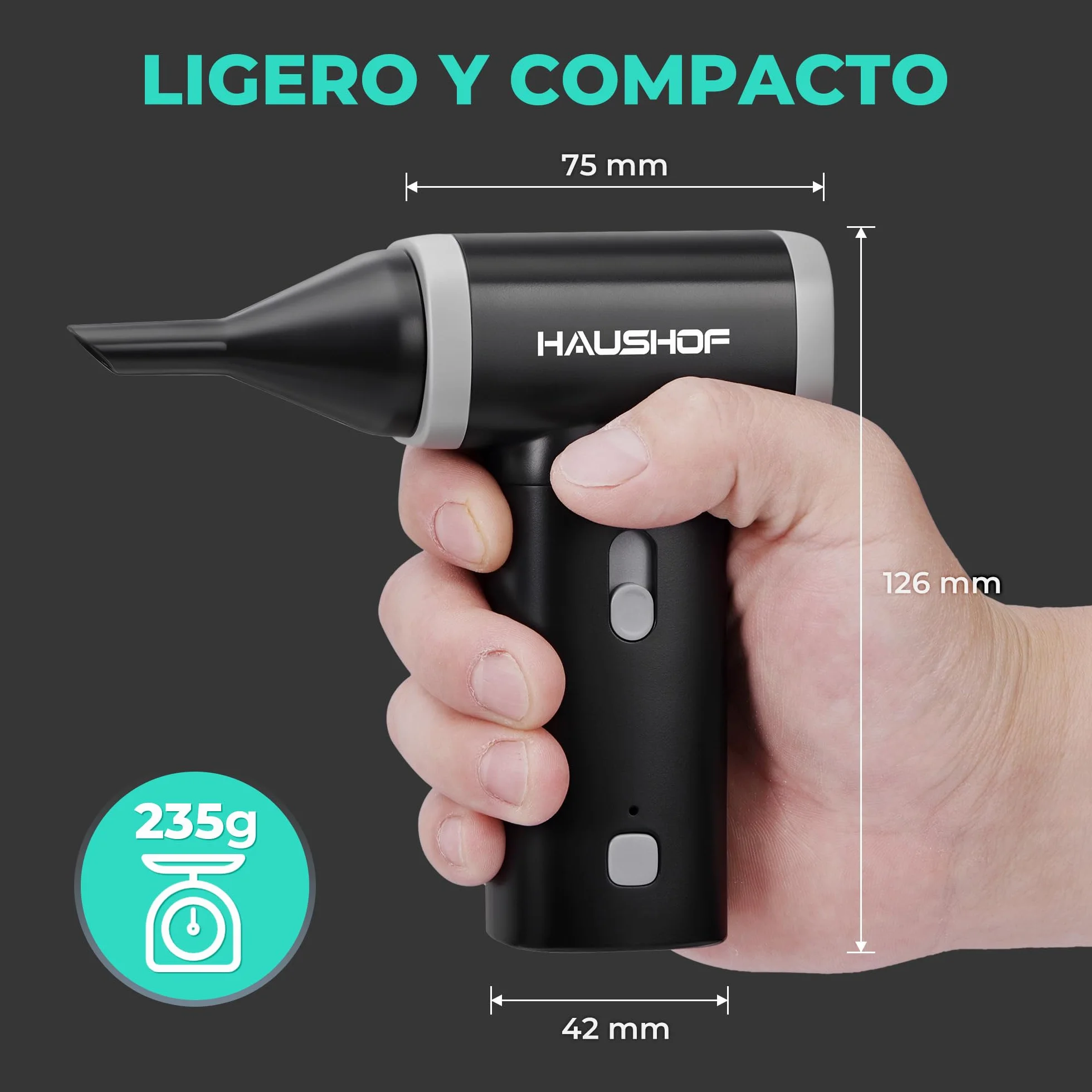 HAUSHOF Air Duster Eléctrico 110000 RPM, USB-C Recargable y con Control de Velocidad Ajustable, Ligero y Portátil para Limpieza de PC, Teclado, Sofá, Coche y Exteriores