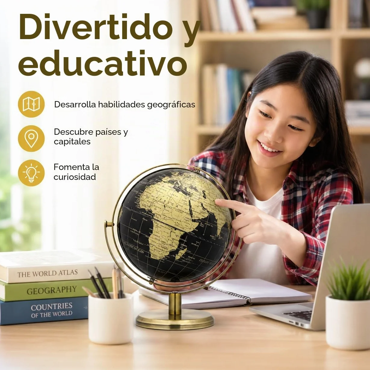 EXERZ Globo de 20 cm, color negro y dorado, rotación de 360 grados en todas las direcciones, World Globe Educational Geographic, arco y base de bronce, mapa inglés.