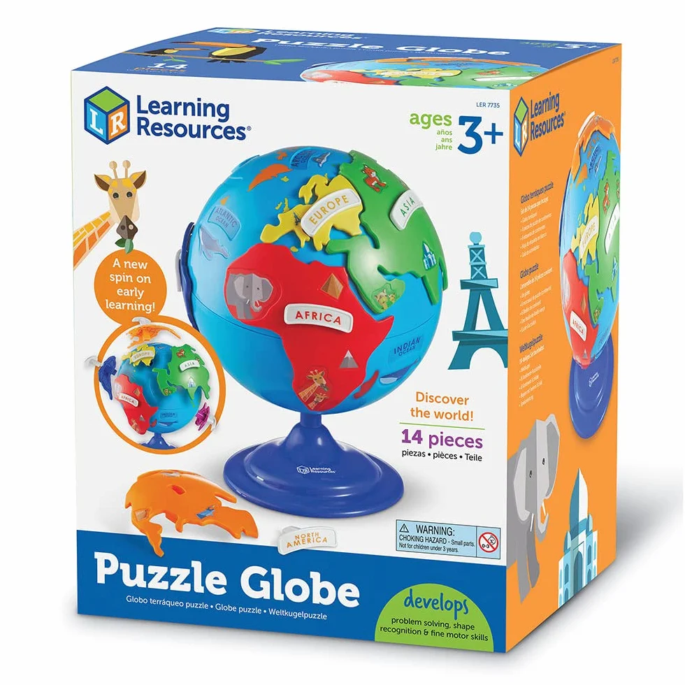 Learning Resources Globo Terráqueo Infantil – Puzle Interactivo Montessori – Desde 3 Años – 6 Continentes Extraíbles + Bola Giratoria de 20 cm