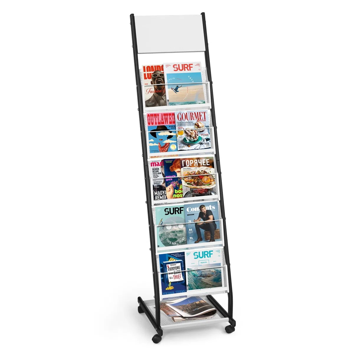 SUNDOY Revistero sobre ruedas de 5 niveles, exhibición de revistas y catálogos de pie, soporte móvil para oficina, ferias, hogar y hogar (5 capas, 32,5 cm de ancho)