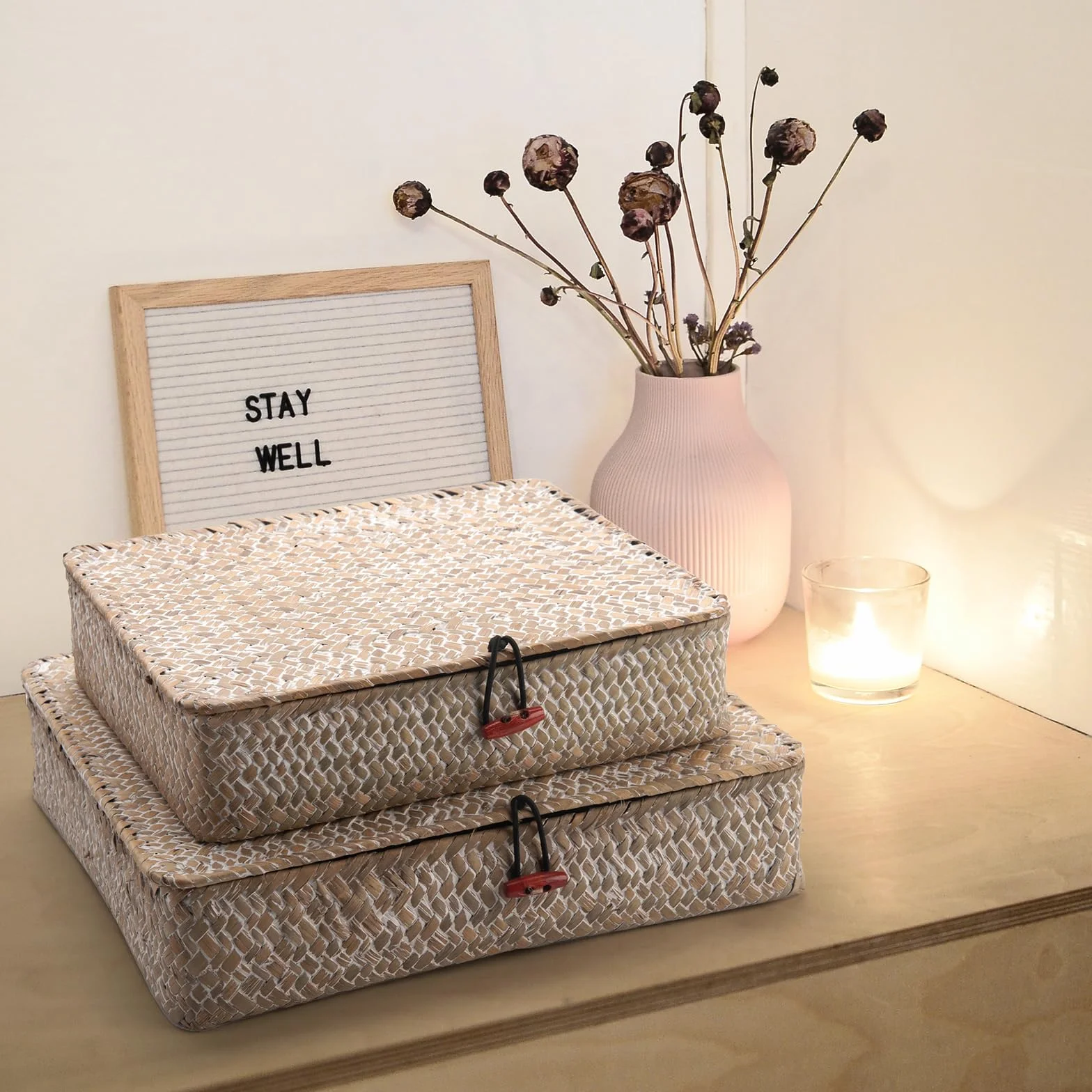 Cesta Almacenamiento con Tapa Seagrass Ratán Cestas de Mimbre Rectangular 2 Piezas (Grande + Pequeño)