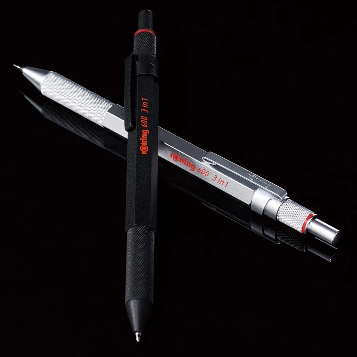 rOtring 600 bolígrafos y portaminas multicolor 3 en 1 | Puntas de bolígrafo negras y rojas | 1 punta de lápiz (0,5 mm) | Estuche de terciopelo