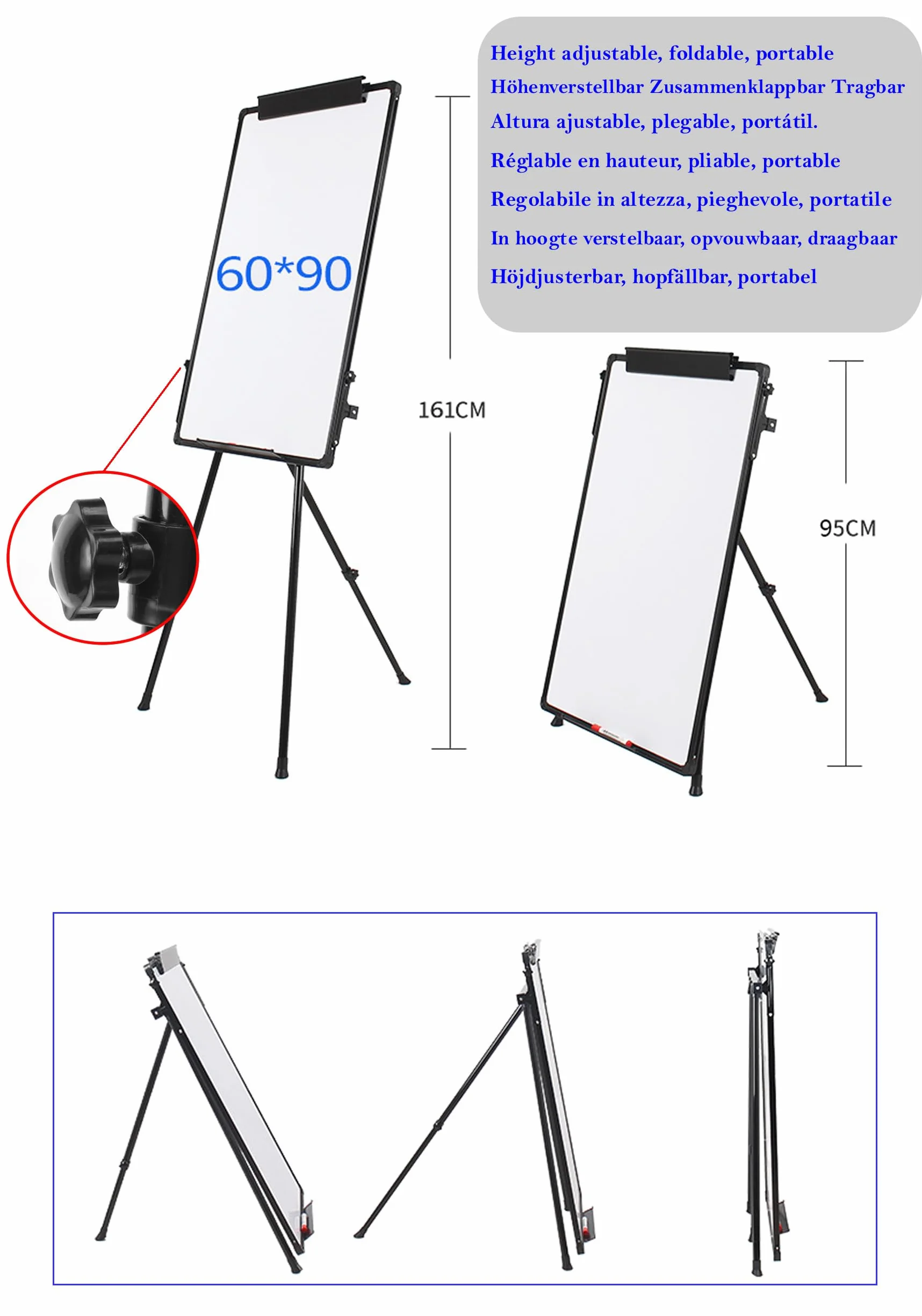 TUKA-i-AKUT Pizarra Blanca de Caballete Magnética 90x60cm, Altura Ajustable Plegable, con Soporte para Papel, Escribible y Limpiable, Rotafolios con Trípode Soporte, Marco Negro, TKD8710