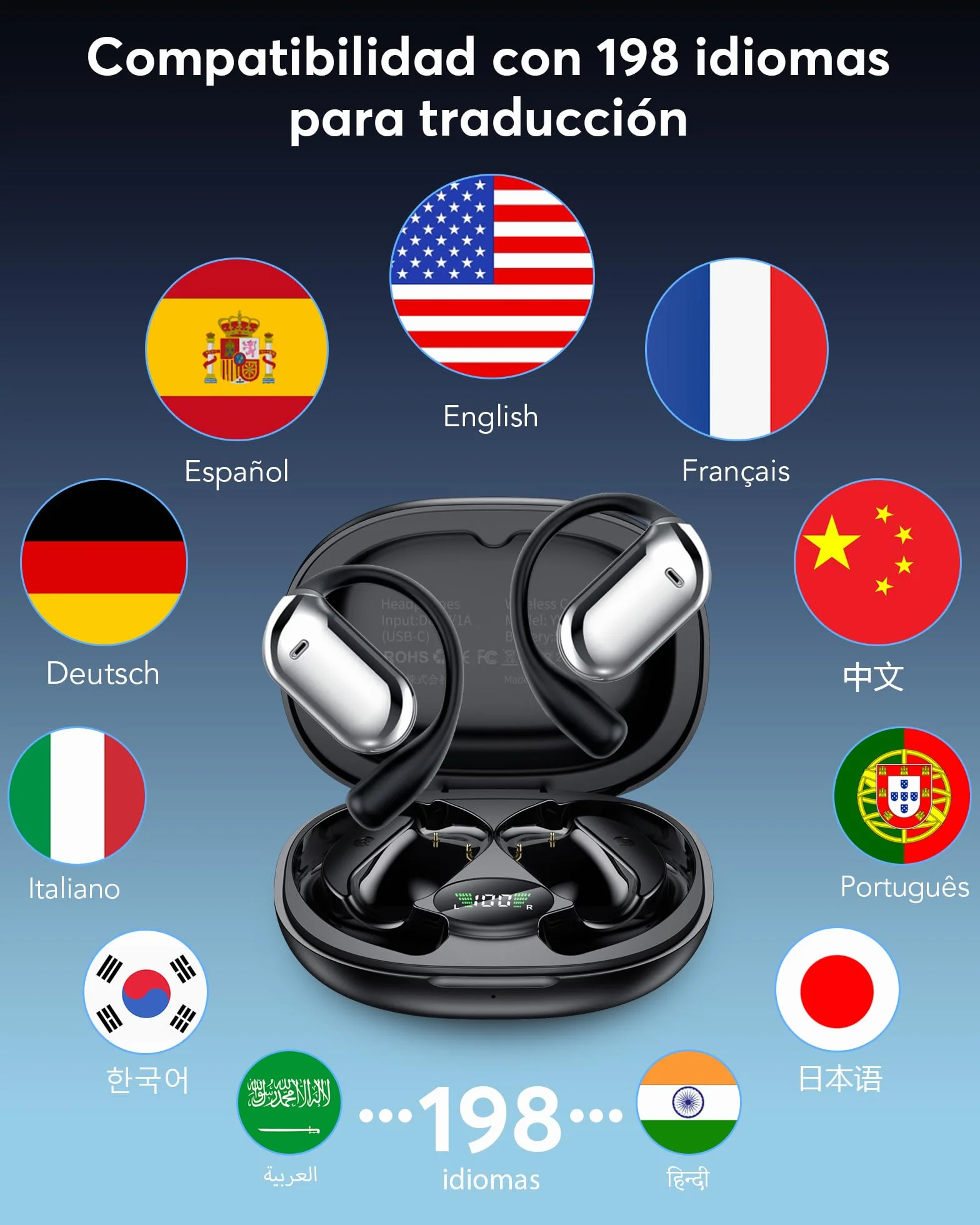 AI Auriculares Traductor en Tiempo Real, 8 Modos Traducción con 198 Idiomas, 3 en 1 Auriculares Traductores de Idiomas, 60H Cascos Oreja Abierta Bluetooth 6.1 para Viajes, Reuniones Negro