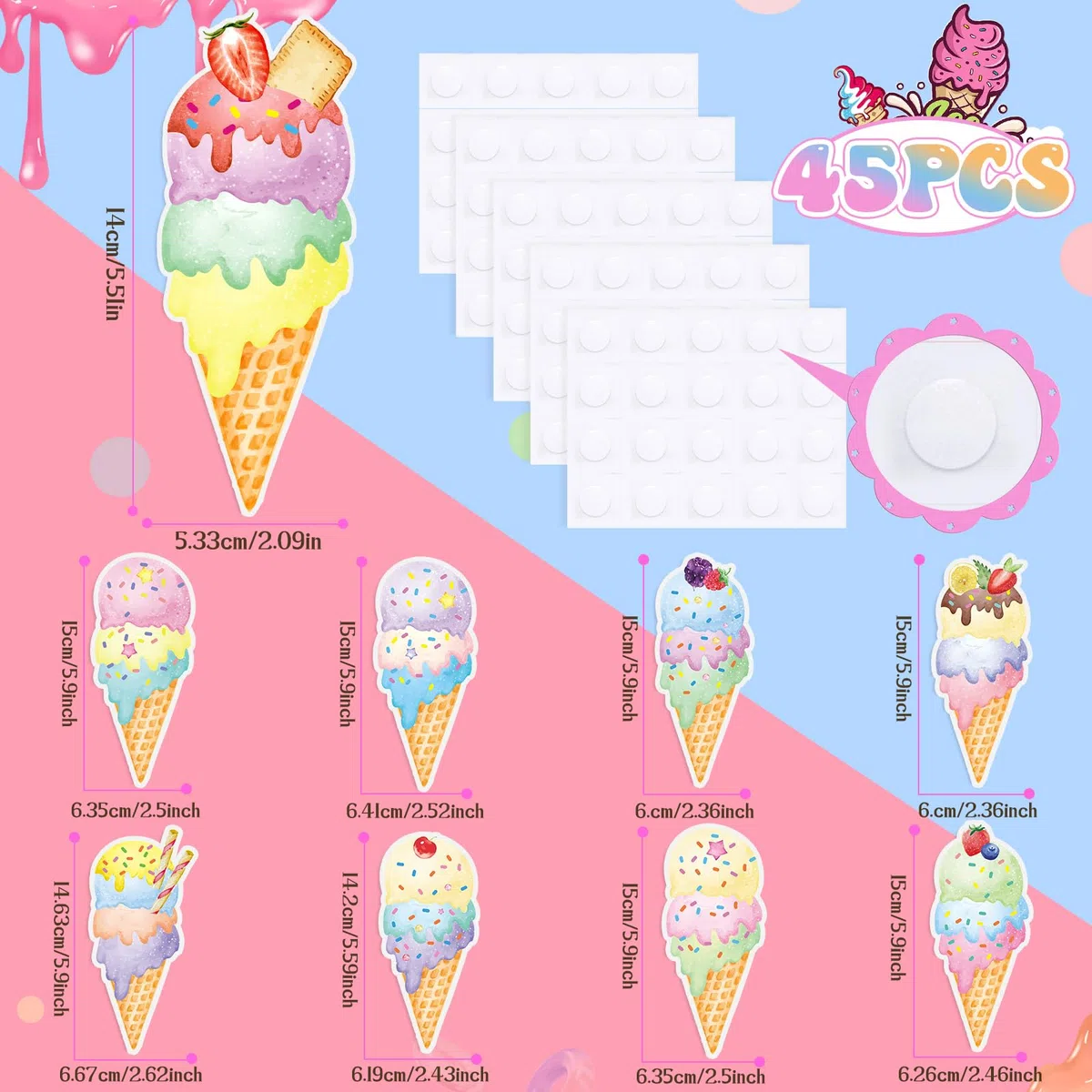 Faccito 45 Piezas Recortes de Helado Decoración de Fiesta de Helado Corte de Papel de Cumpleaños de Helado Sundae para Fiesta con Tema de Helado Verano Boda Baby Shower Niñas