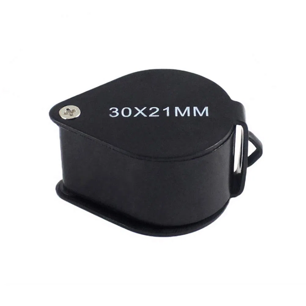 iKKEGOL Lupa de bolsillo para joyas, 30 x 21 mm, plegable, lupa de cristal, cuerpo de metal, color negro con caja