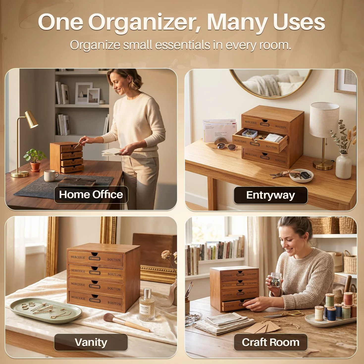 Flexzion Organizador de escritorio de madera con 4 cajones, gabinete de mesa de 4 niveles