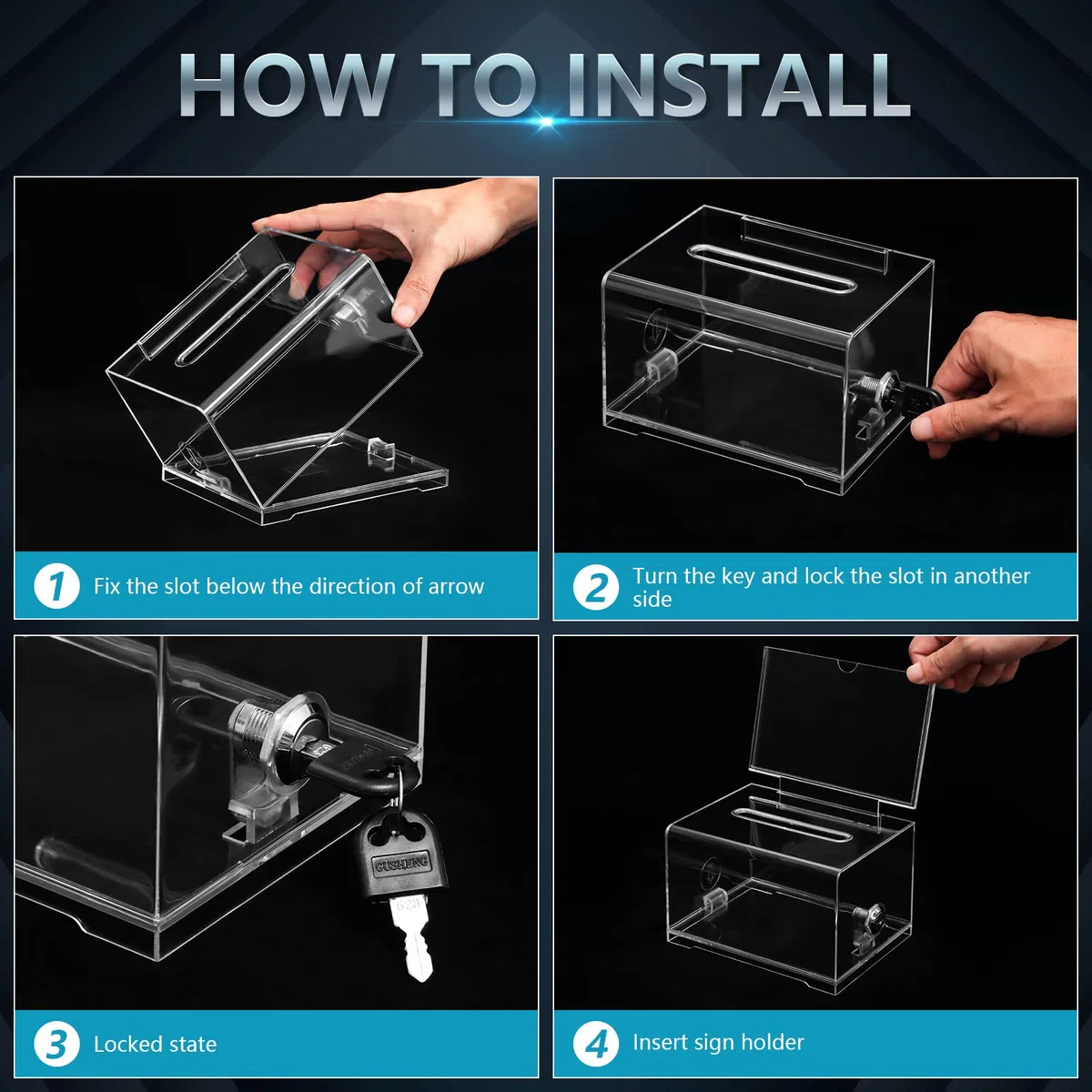 KYODOLED Caja transparente para recaudación de fondos, caja de propuestas con cerradura y llave, caja para boletos con soporte para carteles, vaso para eventos y organización, 15,5 x 10,9 x 10,9 x