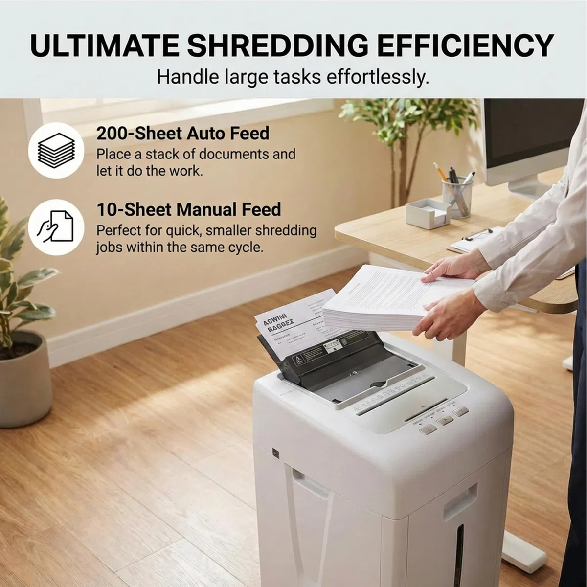 Trituradora de Papel de 200 Hojas: P5 Destructora de Documentos Automática con Corte Micro 2 x 15 mm Trituradora de Papel Eléctrica con Bandeja de 35L para CD, Tarjetas y Grapas