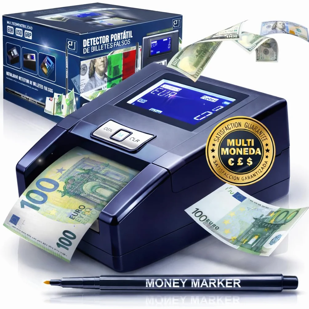 B&J SecureTech® - PACK De Detector De Billetes Falsos 2026 PORTÁTIL + Rotulador Billetes Falsos | 100% DETECCIÓN Y FIABILIDAD Para 3 Divisas EUR, GBP, USD