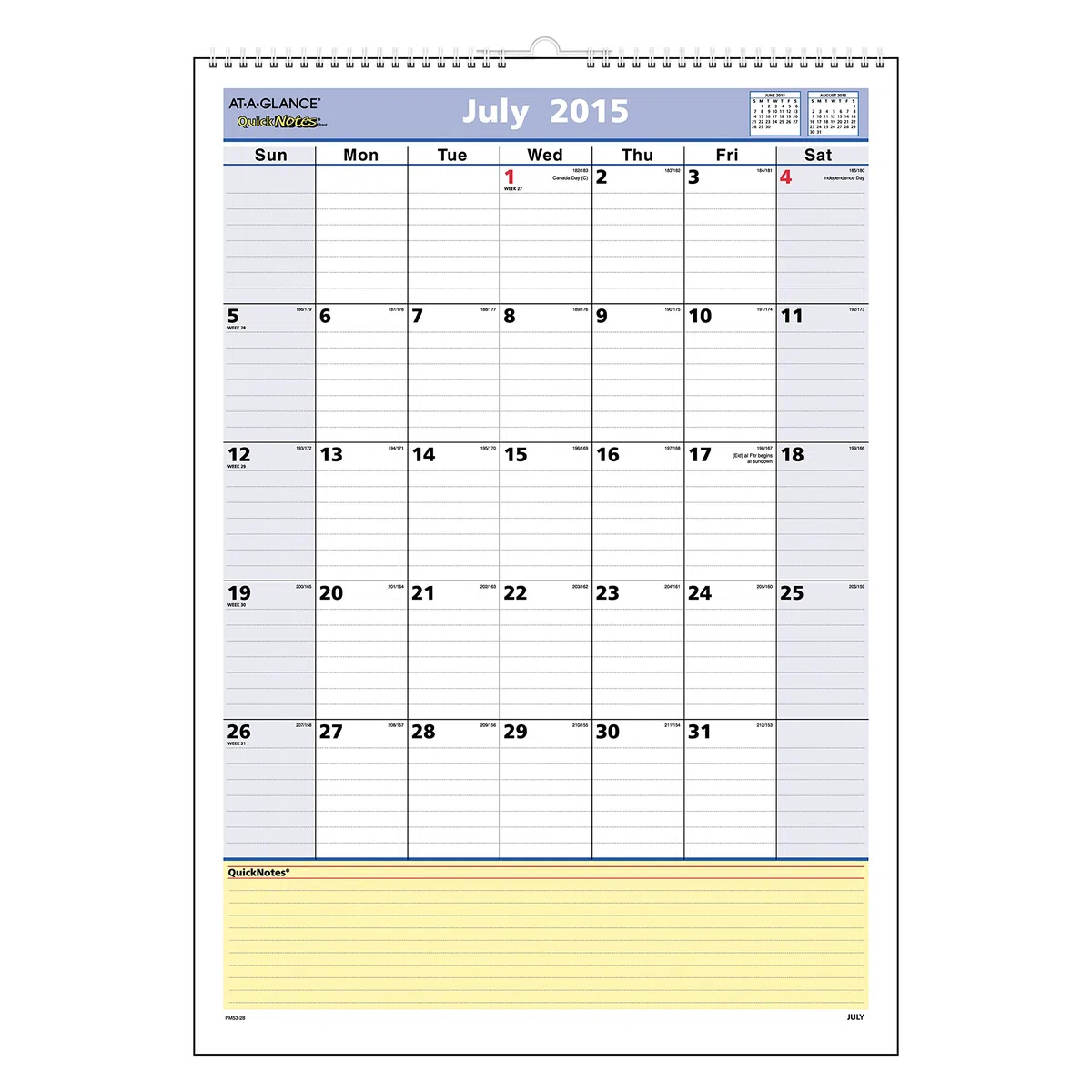 AT-A-GLANCE calendario de pared mensual, QuickNotes diseño, año académico, 12 Meses, de Julio 2015 – Junio 2016, 12 x 17 cm tamaño de página (pm53 – 28)
