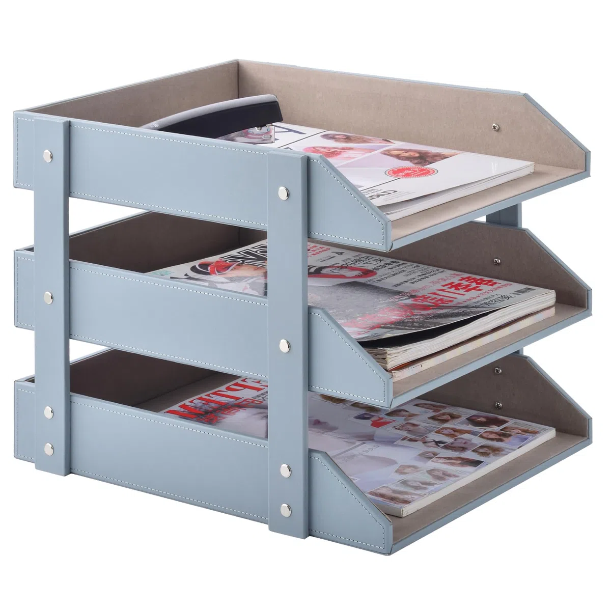 Organizador de escritorio de cuero, bandeja apilable de 3 capas, se utiliza para almacenar documentos, carpetas, papelería, revistas, papel y otros suministros de oficina en casa, estante de archivos
