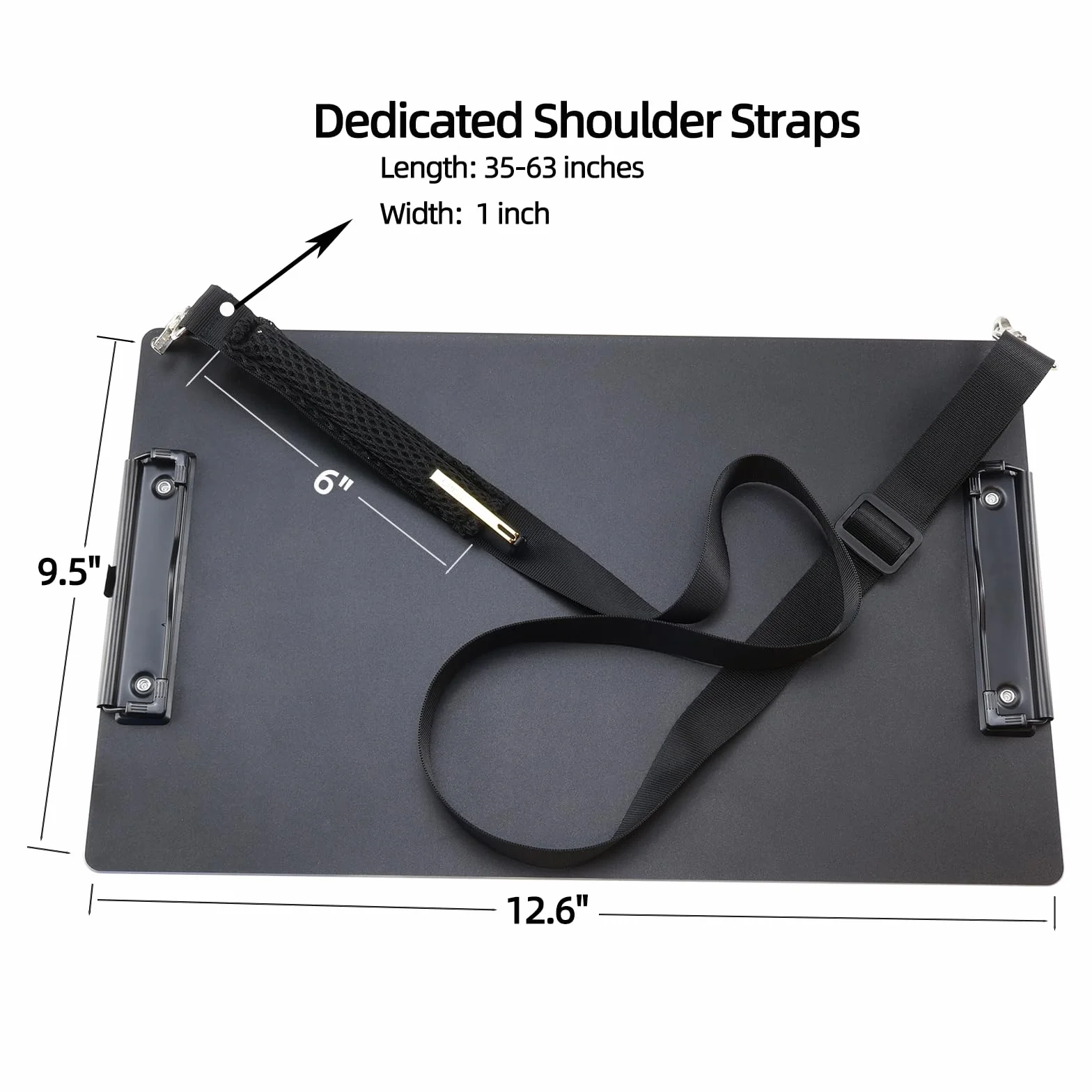 Portapapeles de metal negro con dos clips, A4/carta (9.5 x 12.6 pulgadas) portapapeles de aluminio con correa para el hombro, hogar, restaurante, escuela, hospital, aula, fábrica, suministros de