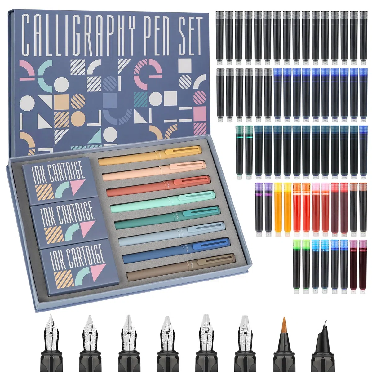 8 plumas estilográficas de caligrafía con diferentes plumines, 66 cartuchos de tinta (14 colores) - Escritura, dibujo, ejercicios de caligrafía para principiantes