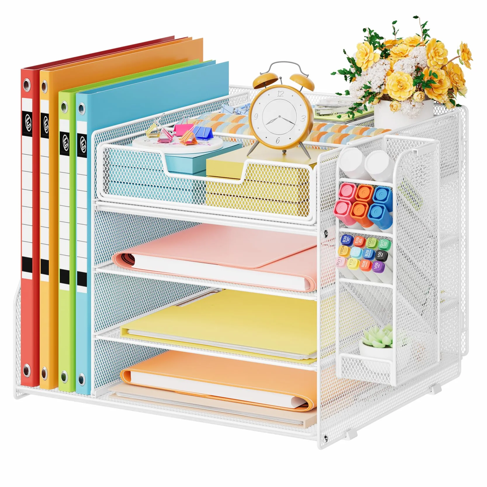 Marbrasse Bandeja Organizadora de Escritorio,4 Niveles Bandejas para Documentos con 1 Soporte para Bolígrafos Colgante y 6 Cajones Divisorios,Organizador de Revistas para Oficina en Casa(Blanco)