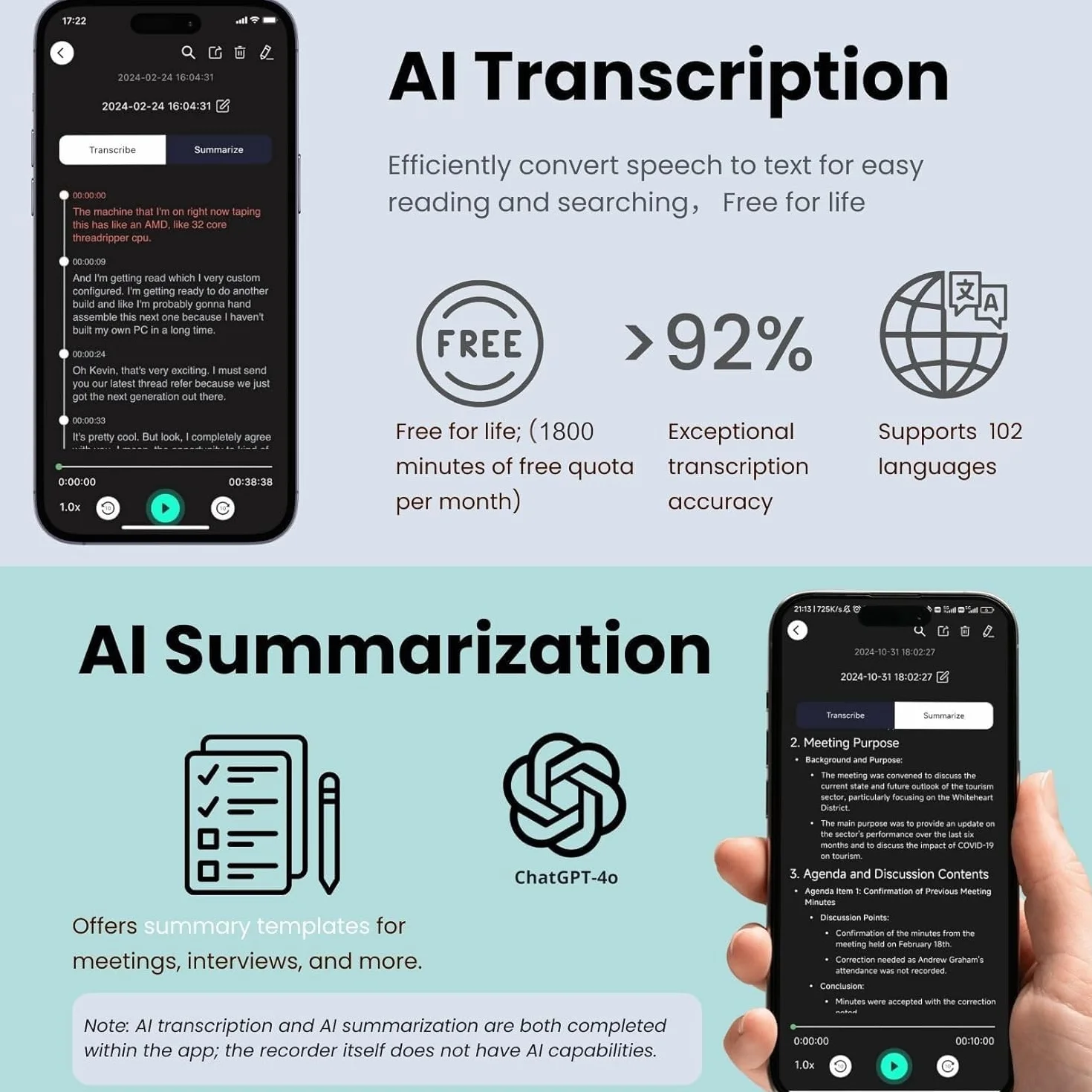 Grabadora de Voz IA 64GB con ChatGPT 4o Transcripción y Resumen 102 Idiomas Magnética Mini