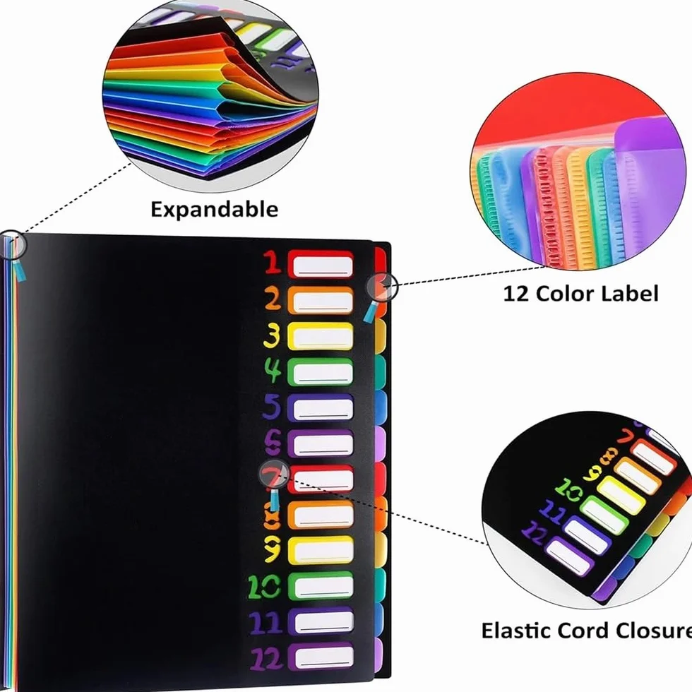 Archivo de papel estacionario SchooOffice Clasificador de proyectos expandible de 12 bolsillos, tamaño A4, multicolor, organizador de carpetas expandible de plástico mensual resistente Carpetas de arc