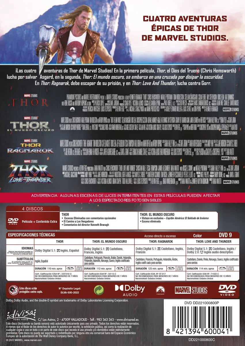 Thor 1-4 (DVD) Pack 4 peliculas: Thor, El Mundo Oscuro, Ragnarok, Love and Thunder