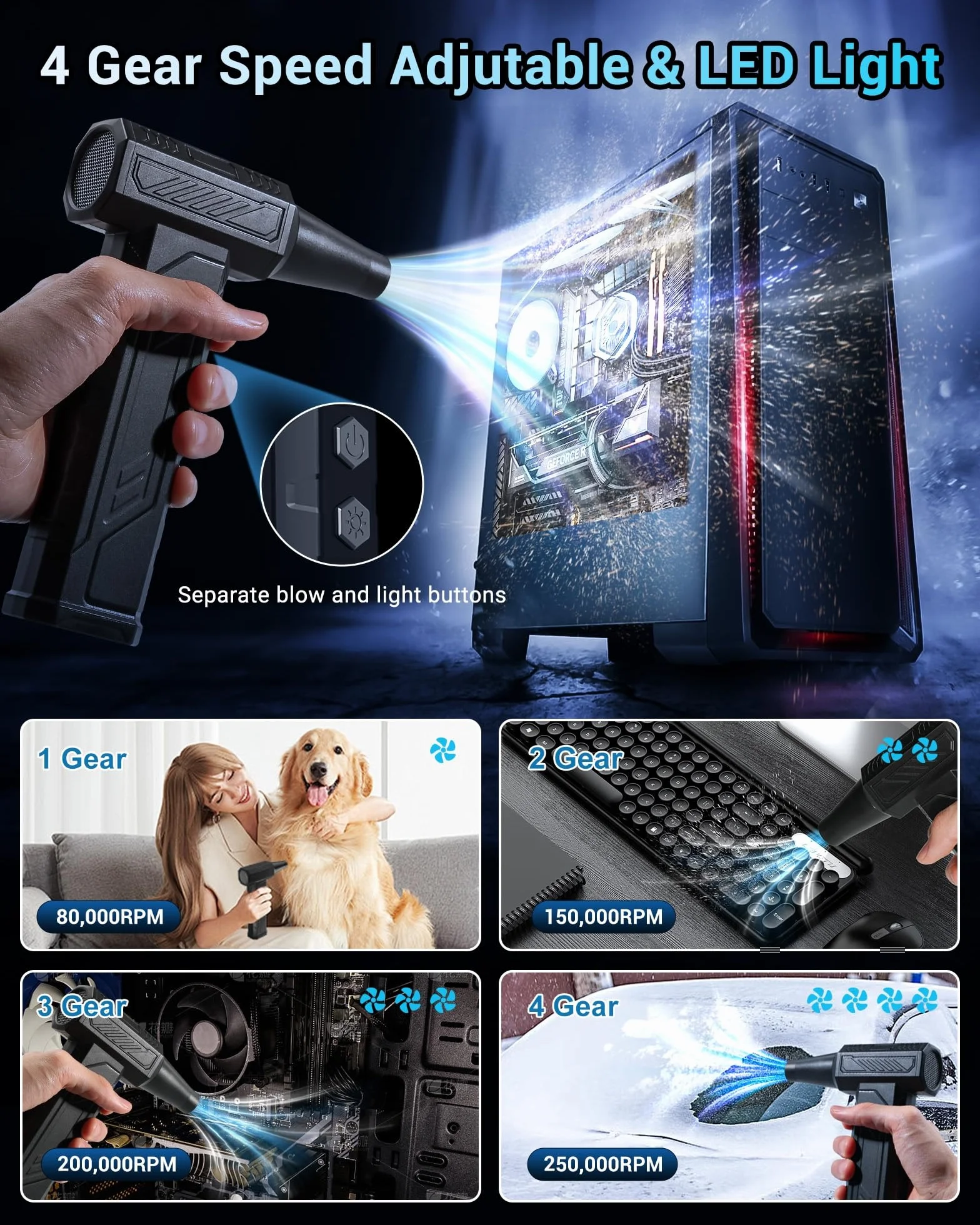 WHATOOK Soplador de Aire Eléctrico Potente, 4 Velocidades 250000 RPM Aire Comprimido Limpieza PC Air Duster con 8000mAh Bateríay Luz LED, USB-C Recargable Mini Compressed Air para PC, Teclado, Coche