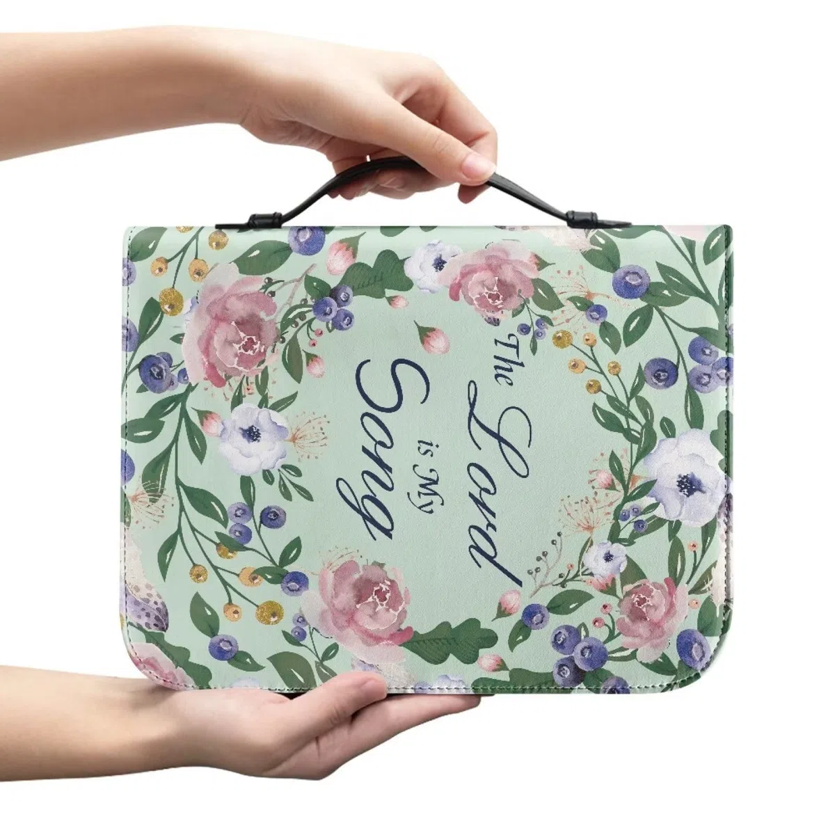 Xoenoiee Fundas para Biblia con patrón floral verde para niños, funda para la Biblia, The Lord is My Song, bolsas con bolsillos de almacenamiento, ranuras para bolígrafos para hombres y mujeres, L