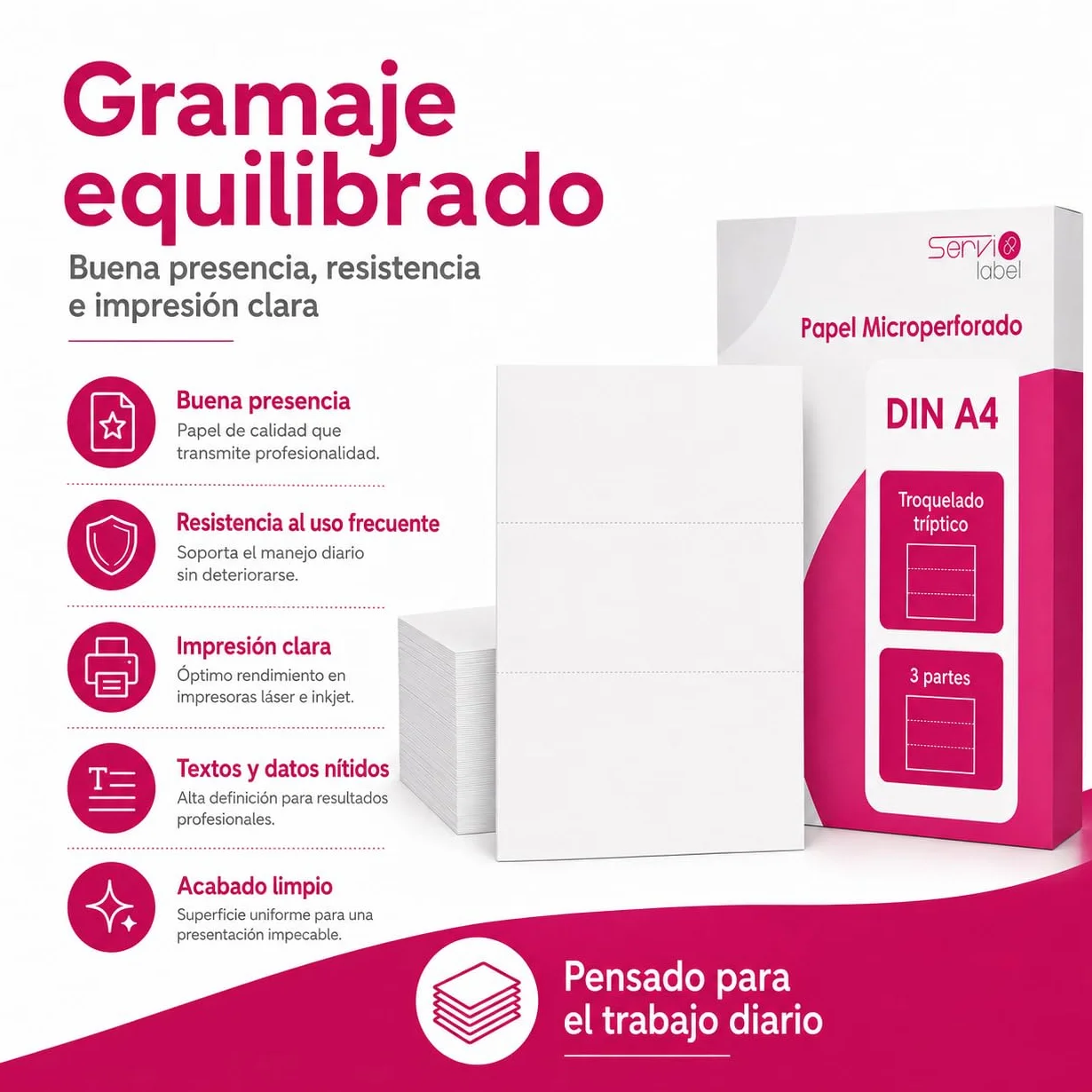 Pack 1000 Papel Microperforado DIN A4 | 3 Partes Troqueladas | Corte por la Mitad | Para Impresión de Albaranes Recibos Facturas y Documentos