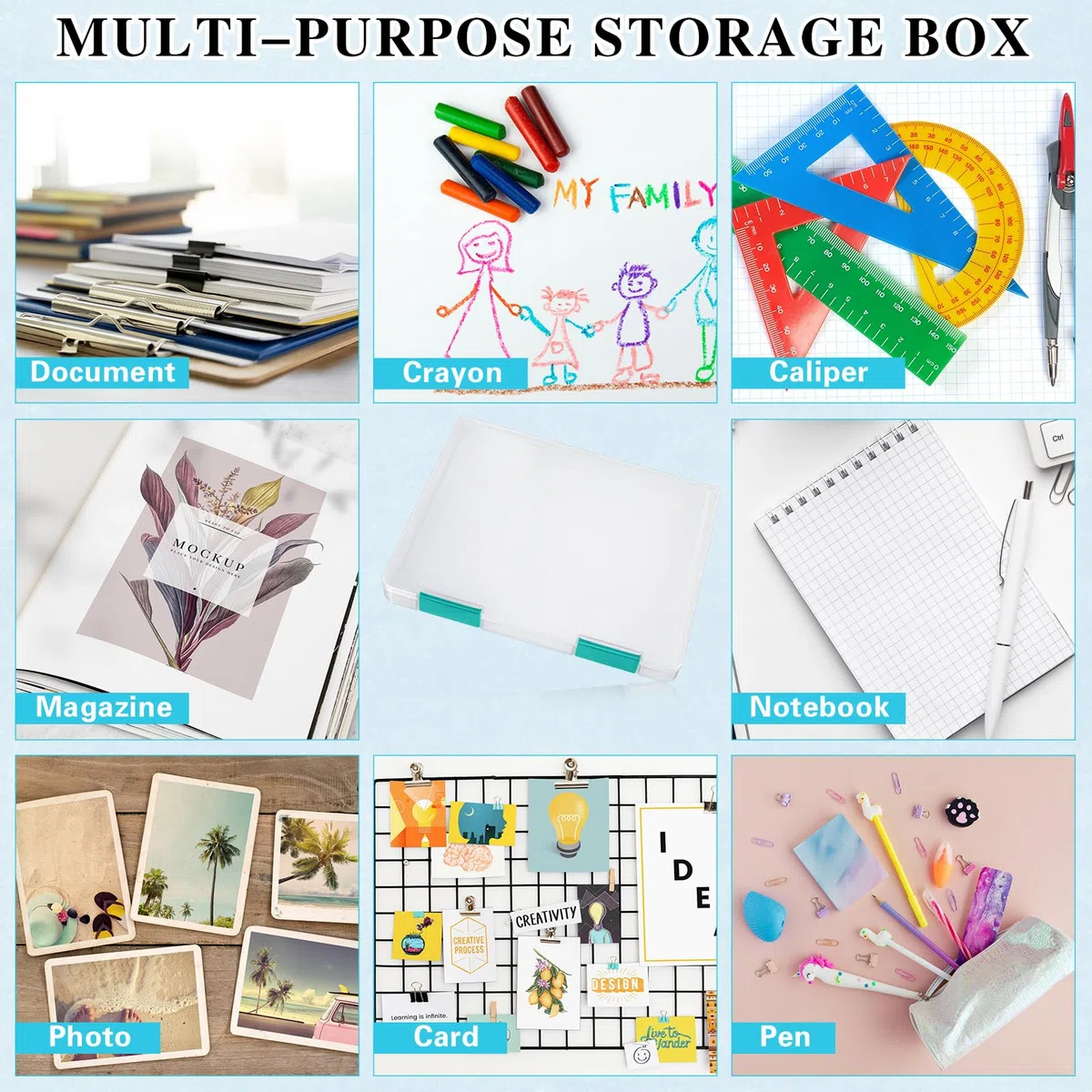 PerKoop 6 cajas de almacenamiento de plástico transparente A4 para documentos, cajas de plástico para juegos de mesa, contenedores de almacenamiento de revistas, protector de archivos con hebilla