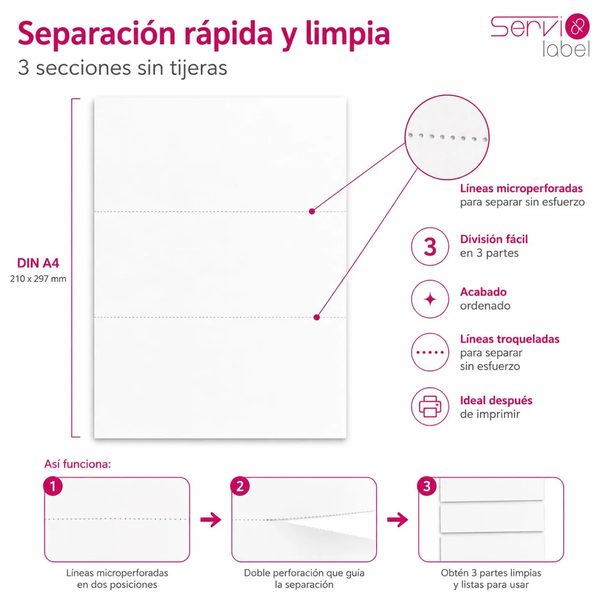 Pack 1000 Papel Microperforado DIN A4 | 3 Partes Troqueladas | Corte por la Mitad | Para Impresión de Albaranes Recibos Facturas y Documentos