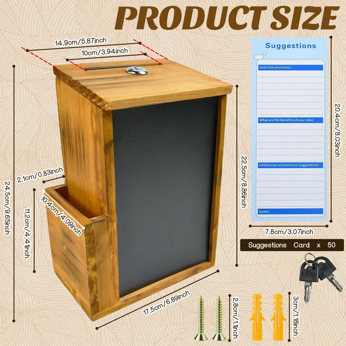 Buzón de Sugerencias de Madera con Cerradura y Pizarra, Caja Sugerencias con Llave y 50 Tarjetas, Caja de Donaciones Vintage para Iglesia u Oficina para Montaje en Pared o Sobremesa Rústico