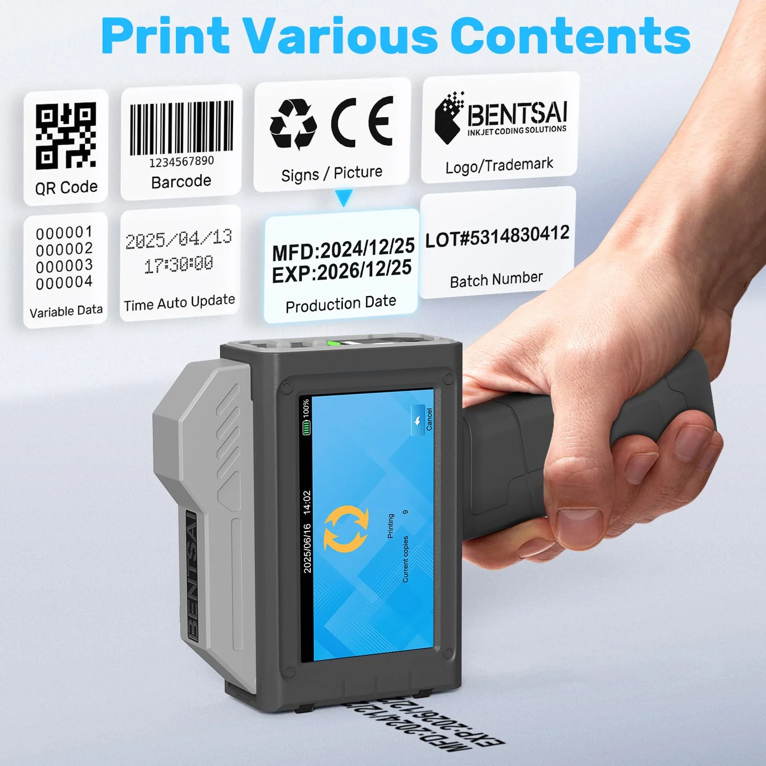 BENTSAI Impresora de inyección de Tinta portátil BT-HH6210B Cabezal de impresión de 25,4 mm con 18H de Larga duración para número de Lote, Fecha, Logotipo, impresión de código QR en