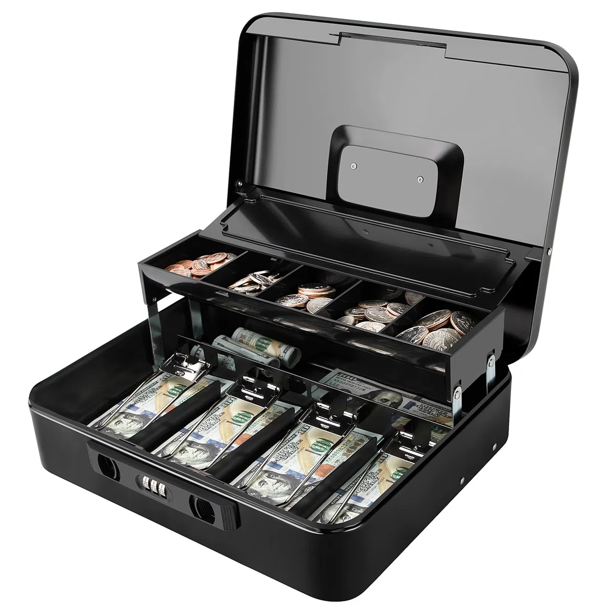 Jssmst Caja de dinero con cierre con tapa para monedas, 11.8 pulgadas de largo x 9.5 pulgadas de ancho x 3.5 pulgadas de alto, caja de dinero segura con cerradura de combinación, color negro