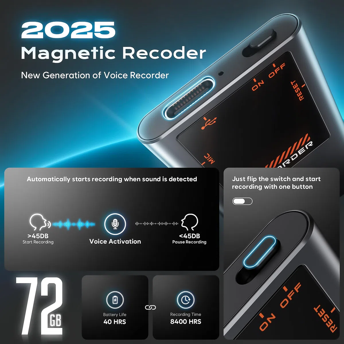 Grabadora magnética activada por voz de 72 GB, (7000 horas), grabadora de voz digital con reproducción, dispositivo de grabación de dictáfono, grabadora de cinta portátil con DSP 5.0-AI reducción de