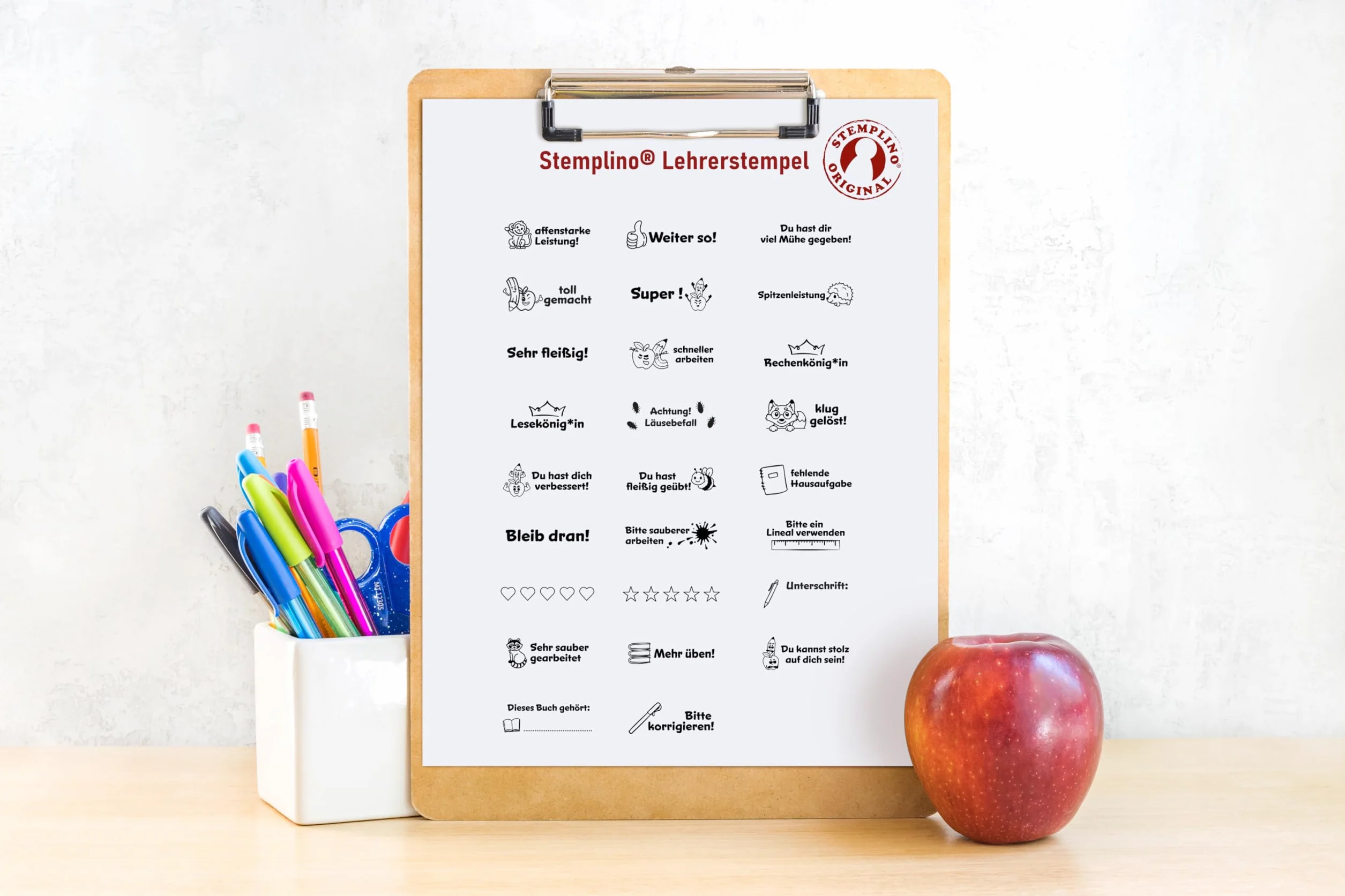 Stemplino® Sello para profesores - Calificación de 5 estrellas - 50mm x 15mm - Sello de madera con texto para profesores para corregir pruebas, sello de elogio para educadores de la escuela