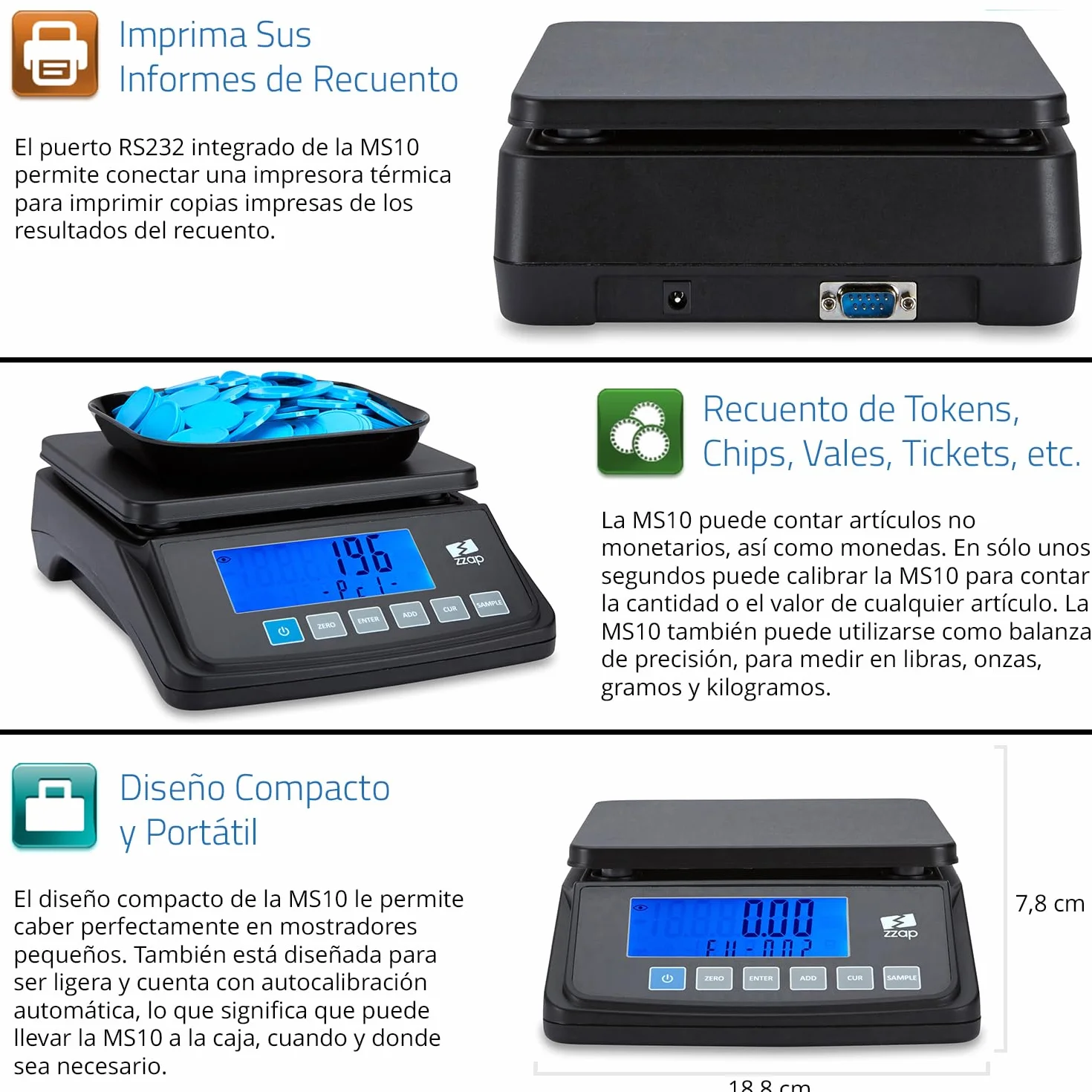 ZZap MS10 Báscula contadora de monedas 5 divisas 3 kg pantalla retroiluminada batería