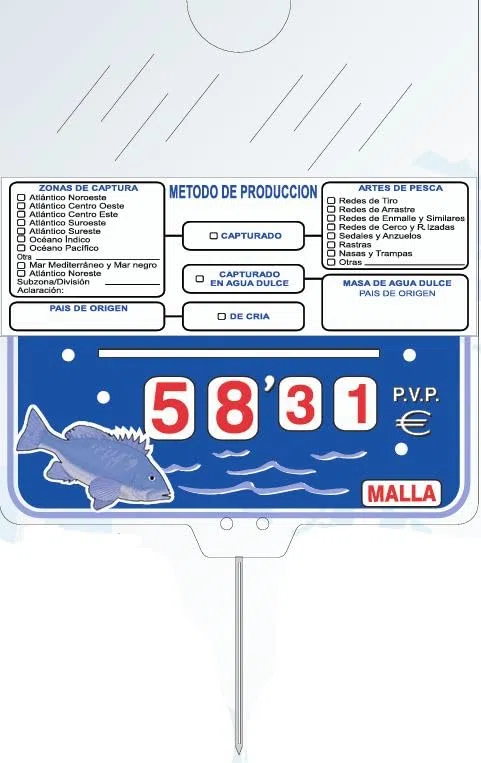 BALSAT Portaprecios pescaderia, pincho pescaderia, Con registro sanitario y tarjeta informativa zona captura, Cartel para pescaderia, precios de pescaderia, pincho pescaderia Mod.: Pacifico- 12 ud.