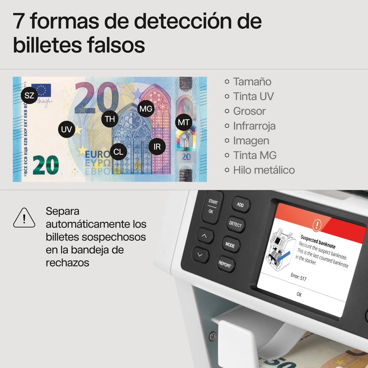 Safescan 2985-SX Contadora de billetes cuenta el valor y clasifica billetes mezclados - Contadora detectora de billetes falsos en 7 puntos - Máquina para contar billetes con opciones de clasificación