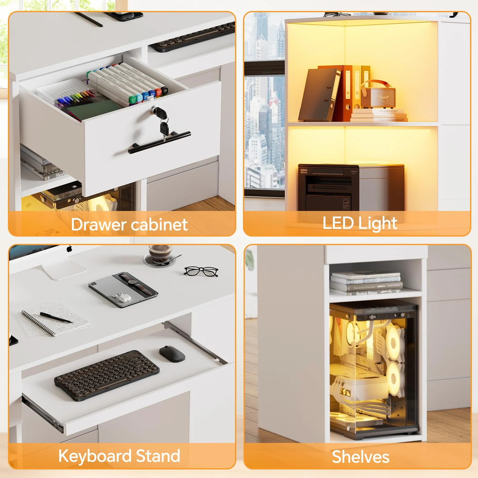 Mostrador de Recepción con LED, 120x102.5x48cm, Mostradores Recepcion Forma L con Cajón para Teclado | Cajón | Armario, Mostradores para Tiendas Escritorio de Recepción Moderno para Oficina, Salón