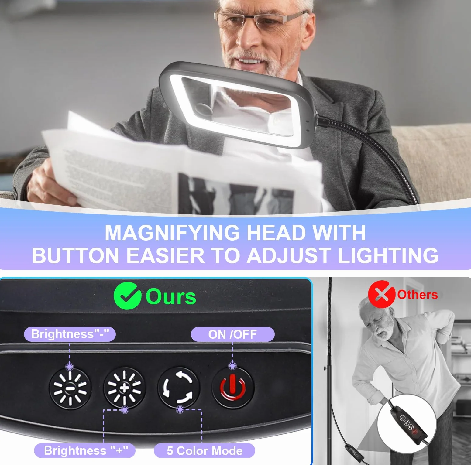 NZQXJXZ Lámpara de pie con Lupa con luz, 2 en 1 Lupa con Luz y Soporte con 60 LED de Brillo Ajustable, Lámpara de Aumento de Cuello de Cisne Flexible para Trabajos de Cerca, Manualidades, Lectura