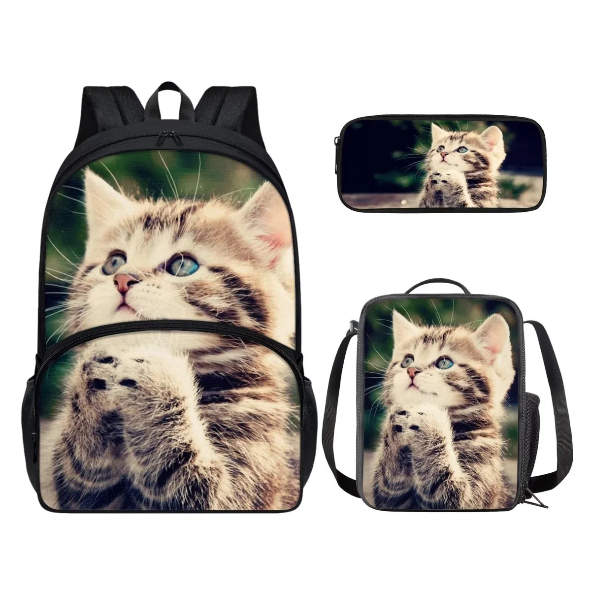 POLERO Juego de 3 bolsas escolares con impresión 3D para el almuerzo, estuche para lápices, Lindo Gato, Talla única, Mochila infantil