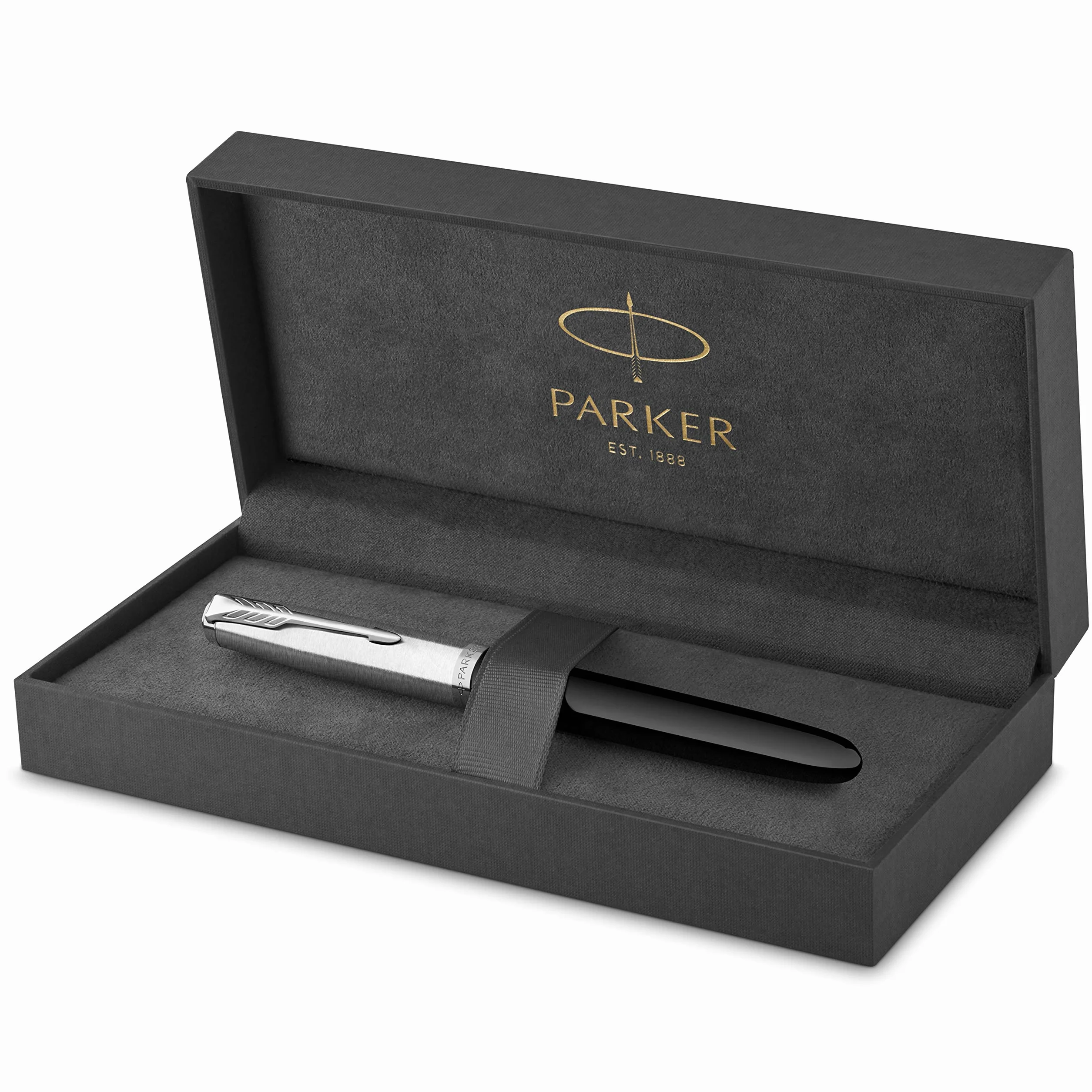 Parker 51 pluma estilográfica | cuerpo negro con adorno cromado | plumín fino con cartucho de tinta negra | estuche de regalo