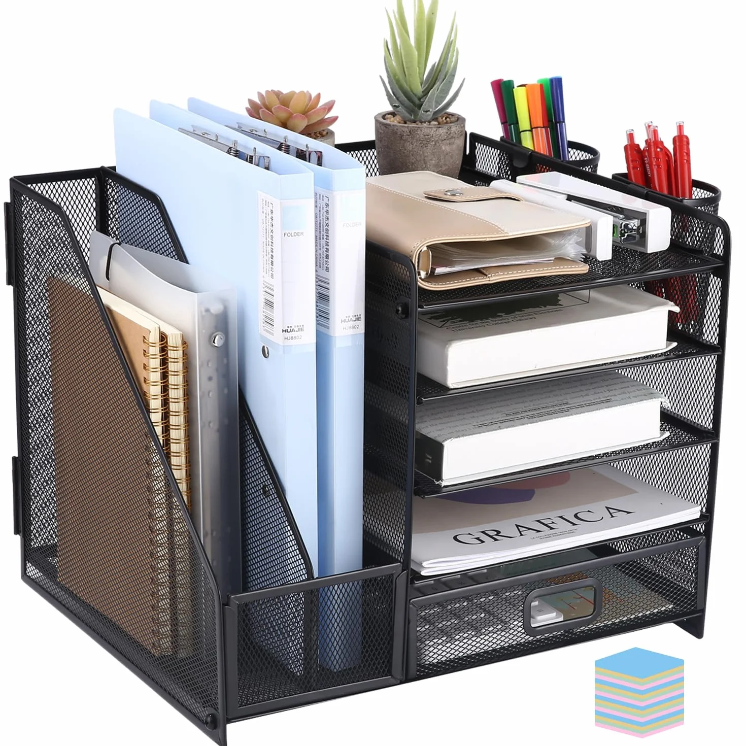 Organizador de Escritorio de Metal de 5 Niveles con Cajón y Portalápices Negro