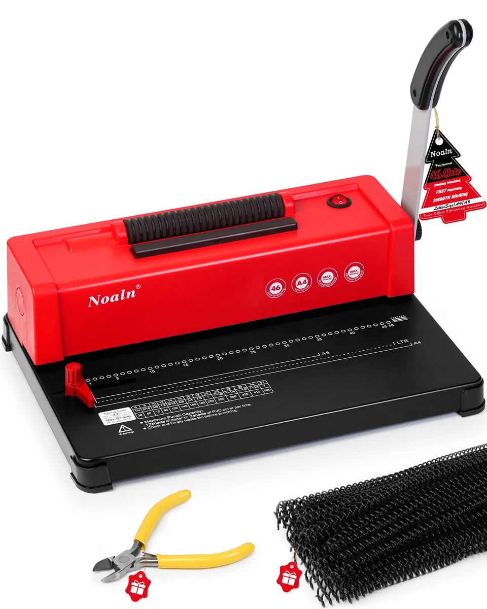 Nolan - Carpeta de espiral de 46 agujeros con inserto de bobina eléctrica, paso 4:1, 100 espinas de encuadernación de peine y 1 alicates de crimpado, escuela, oficina, hogar