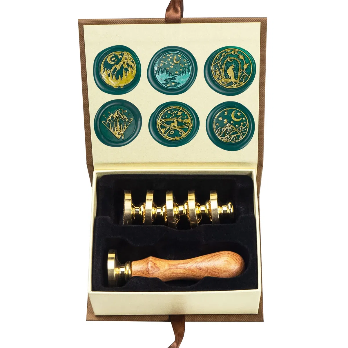 Kit de sellos de cera con 6 cabezas de latón removibles y 1 mango de madera, sello de cera con estrellas para tarjetas e invitaciones